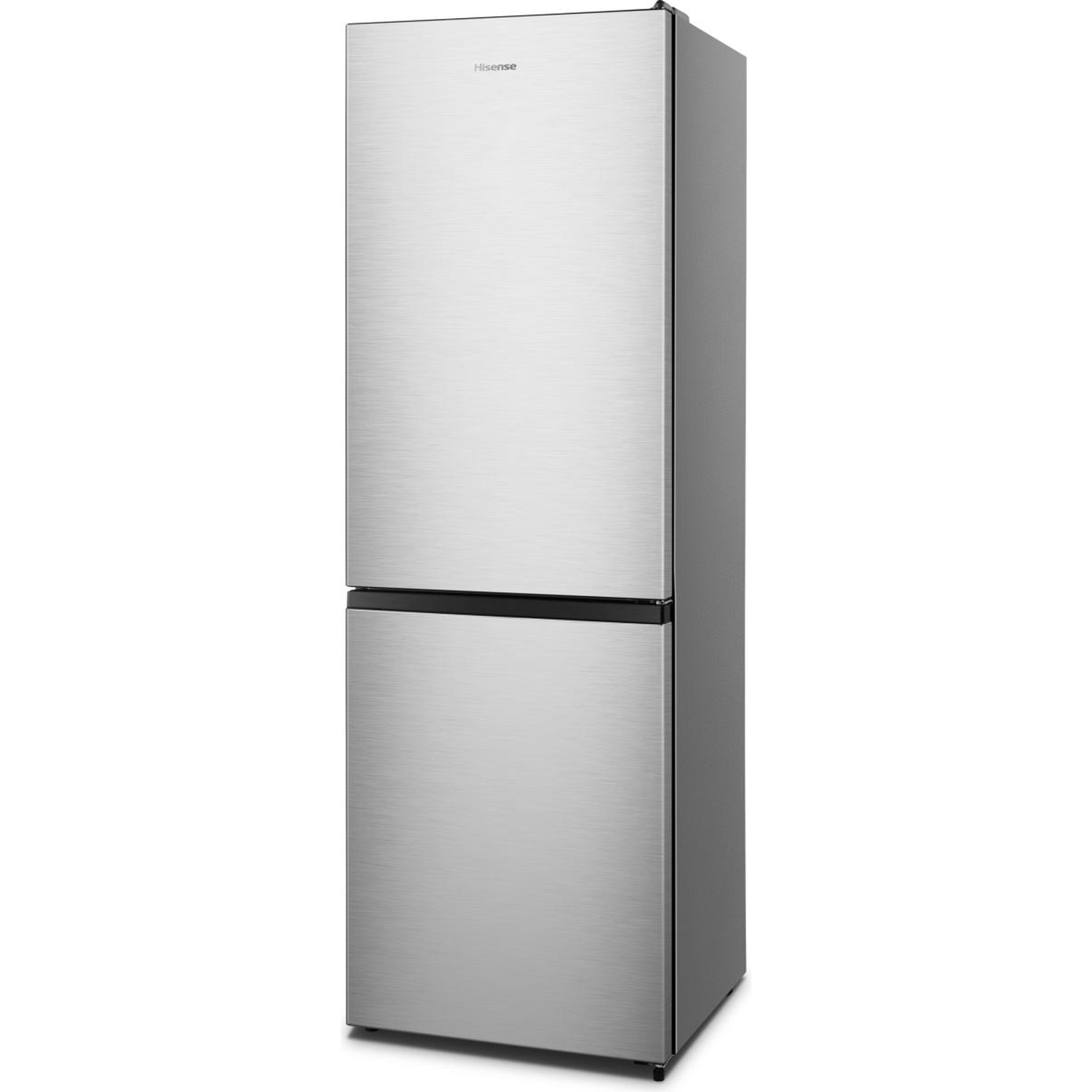 Een zilveren Hisense koelkast met twee deuren op witte achtergrond.