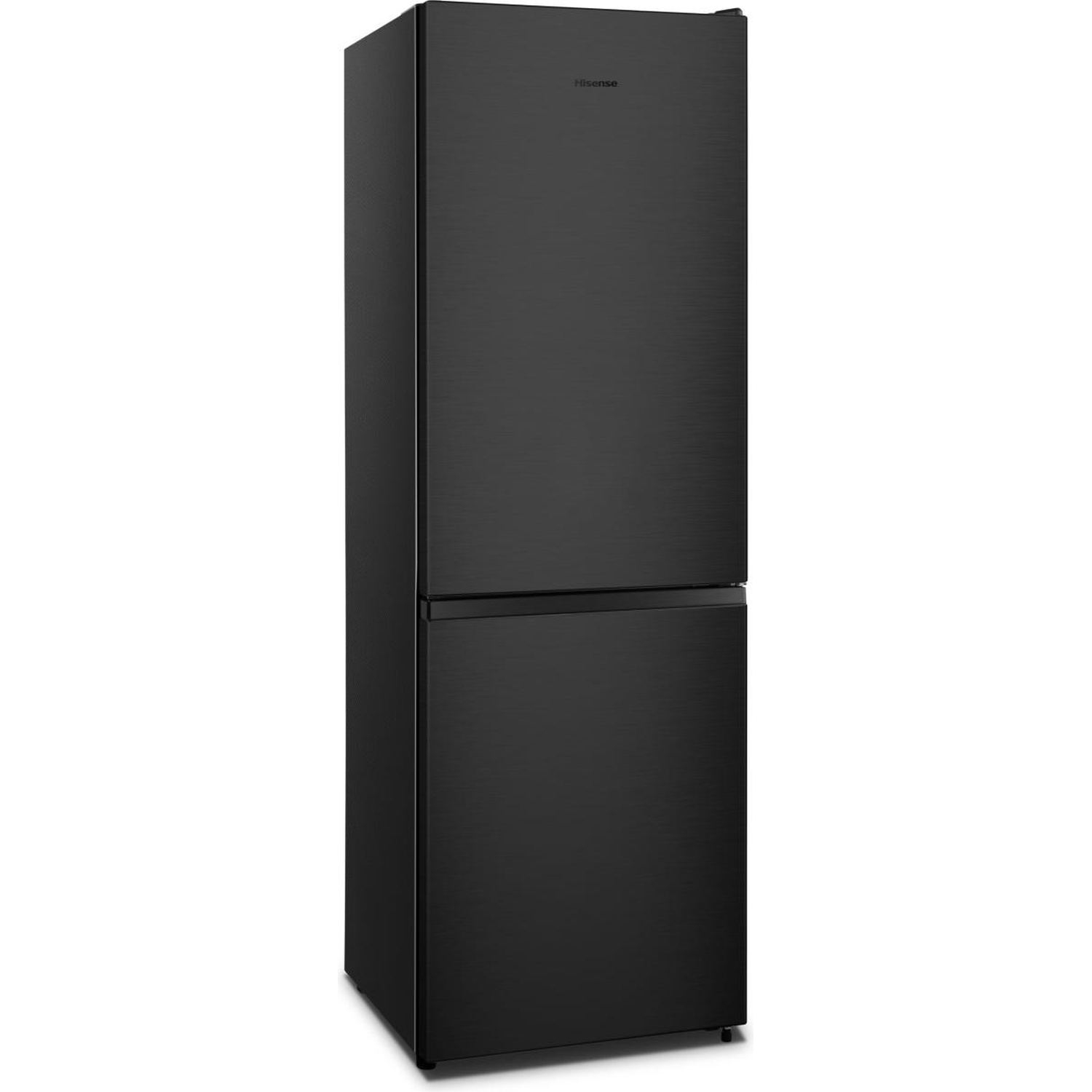 Black Hisense refrigerator with two doors against a white background.