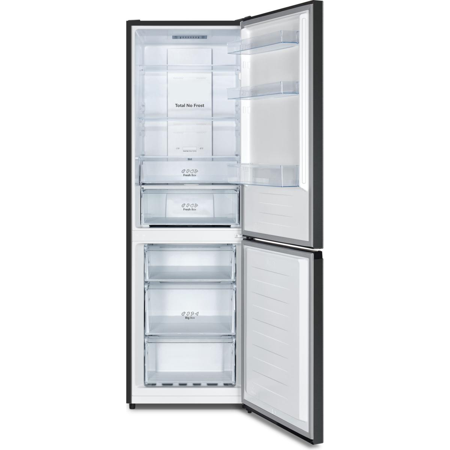 An open refrigerator with glass shelves and drawers.