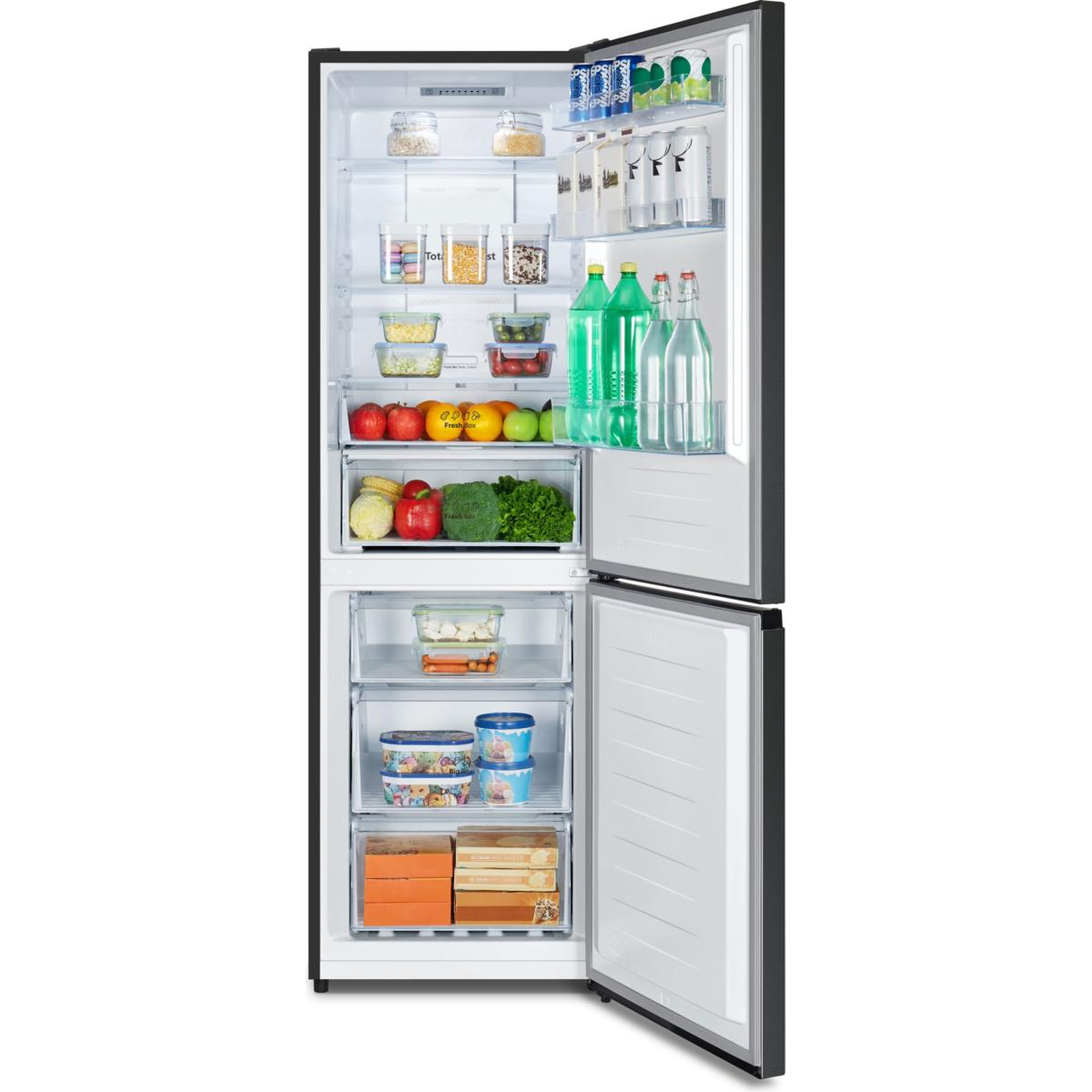 An open black refrigerator with filled shelves and drawers.