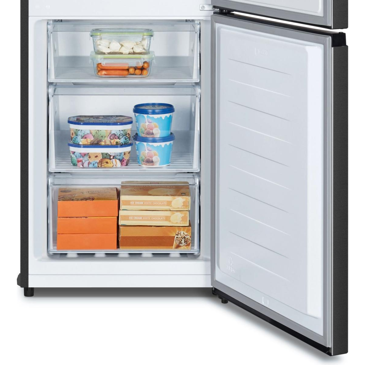 An open freezer with filled drawers: ice cream, carrots, meat.