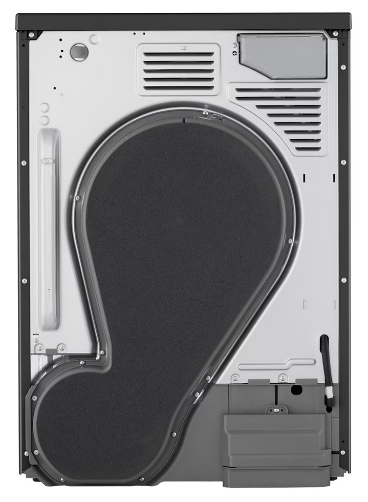 Tył suszarki z otworami wentylacyjnymi, dużym czarnym bębnem i elementami wewnętrznymi.