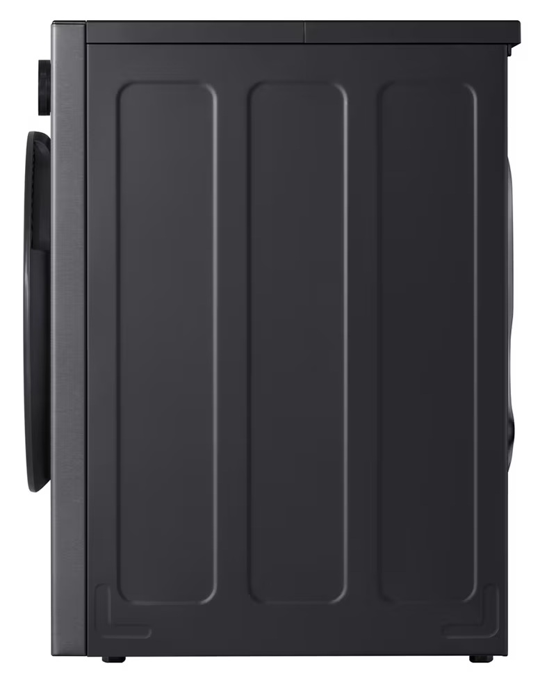Ciemnoszara pralka z boku, z pionowymi rowkami i drzwiami.