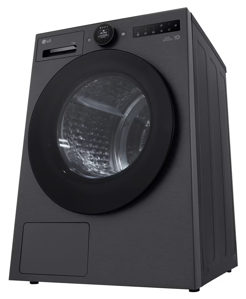 Czarna pralka LG z okrągłymi czarnymi drzwiami i panelem sterowania.