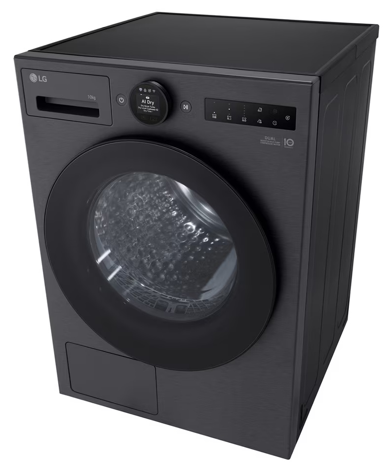 Czarna pralka LG z cyfrowym wyświetlaczem i okrągłymi drzwiami.