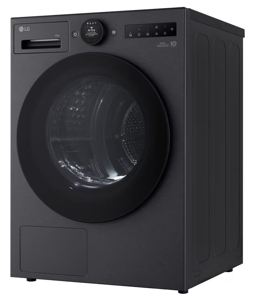 Czarna suszarka LG z okrągłymi drzwiami i cyfrowym wyświetlaczem.