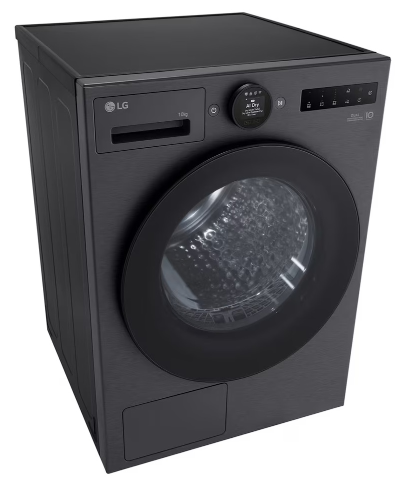 Czarna suszarka LG z okrągłymi drzwiami i cyfrowym wyświetlaczem. Pojemność 10kg.