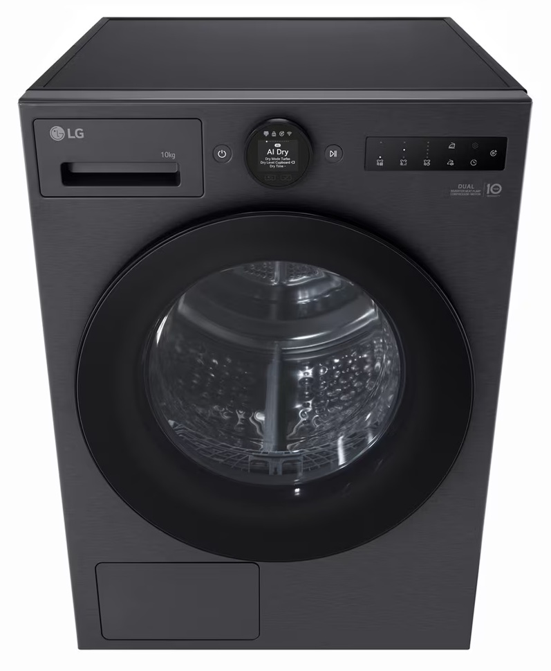 Czarna suszarka LG z okrągłymi drzwiami, wyświetlaczem i przyciskami.