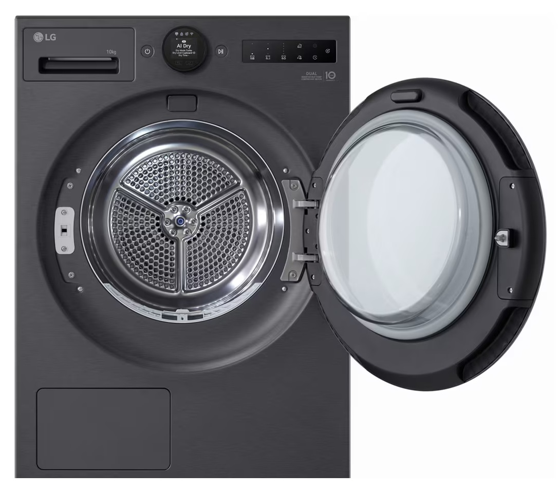 Ciemna pralka LG z otwartymi drzwiami, ukazująca bęben.