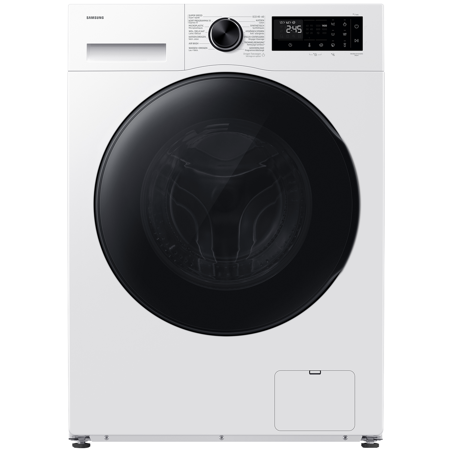 Witte Samsung wasmachine met zwarte deur en digitaal bedieningspaneel.