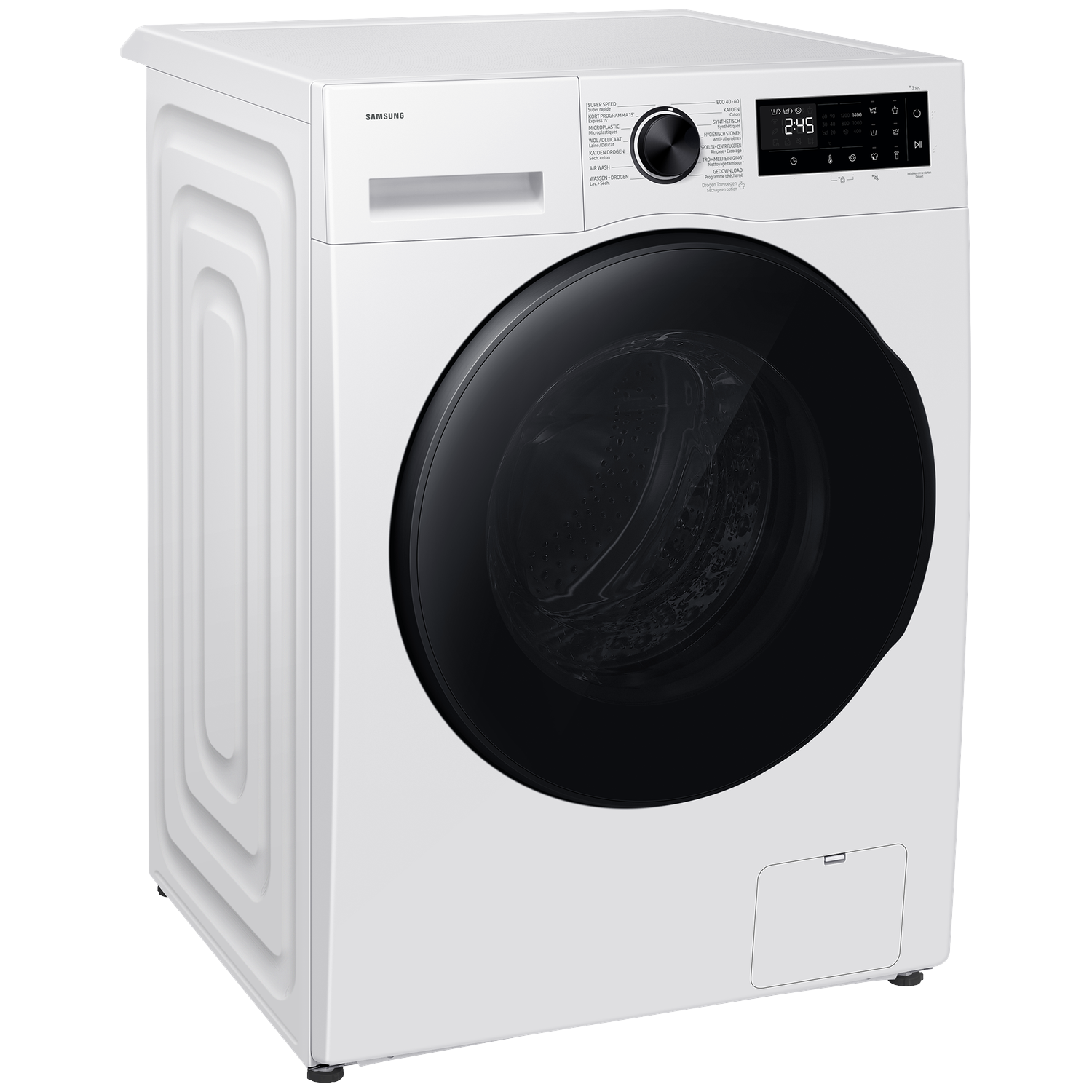 Witte Samsung wasmachine met zwarte deur en bedieningspaneel.