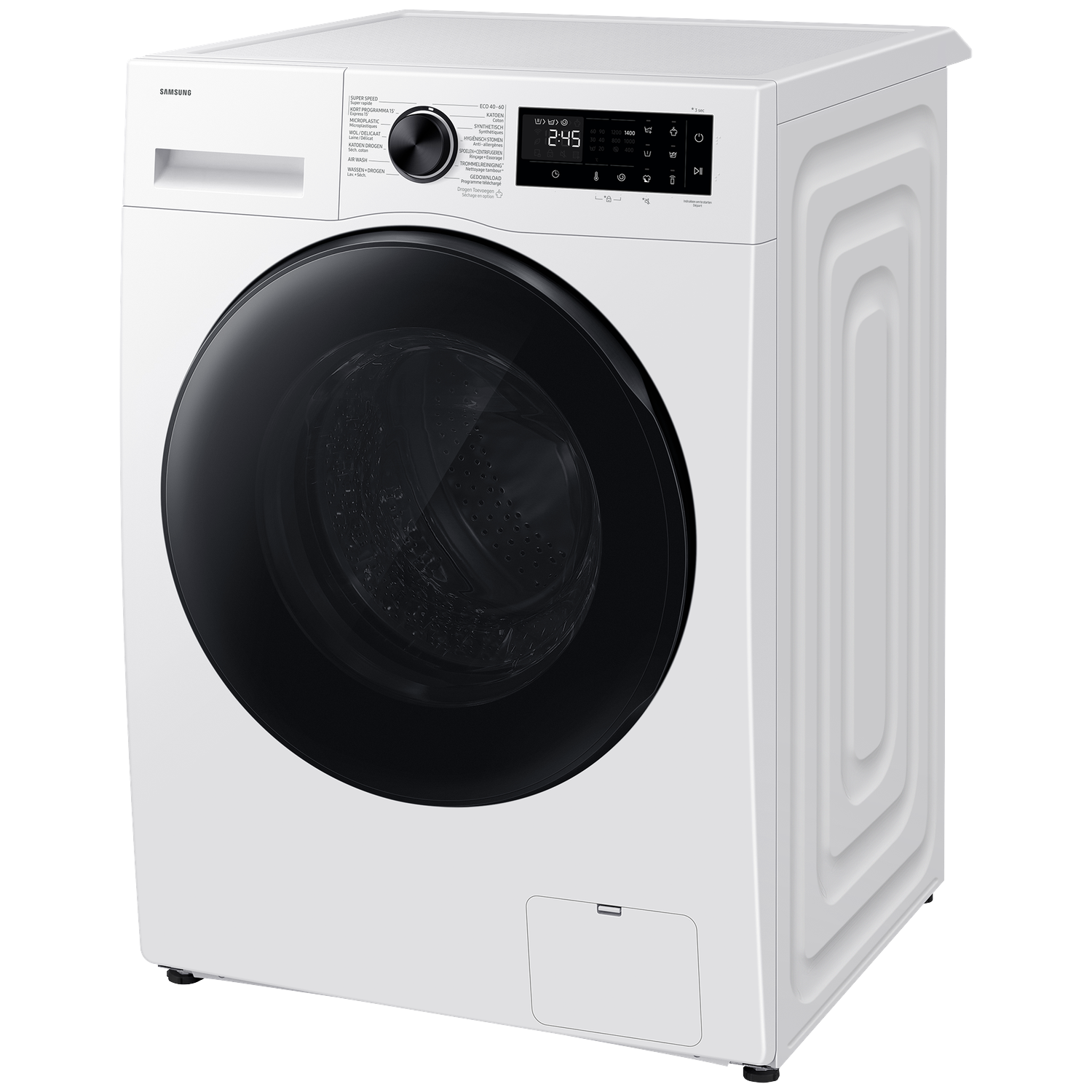 Een witte Samsung wasmachine met zwarte deur en bedieningspaneel.