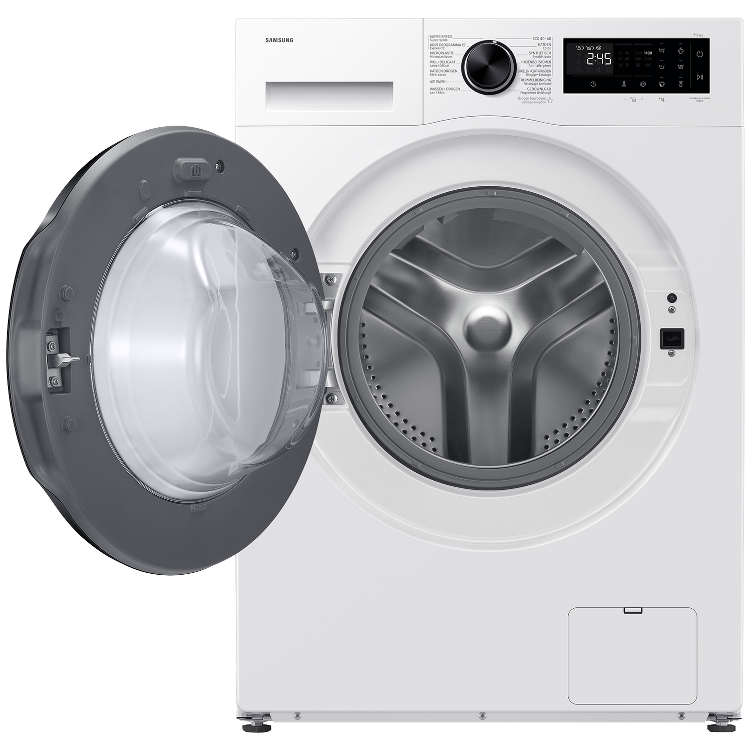 Een witte Samsung wasmachine met geopende deur en bedieningspaneel.