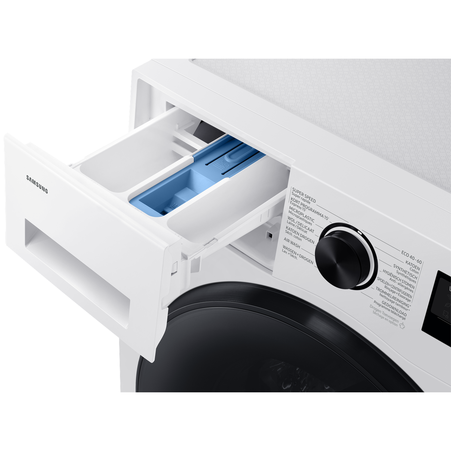 Een witte Samsung wasmachine met uitgetrokken wasmiddellade en bedieningspaneel.