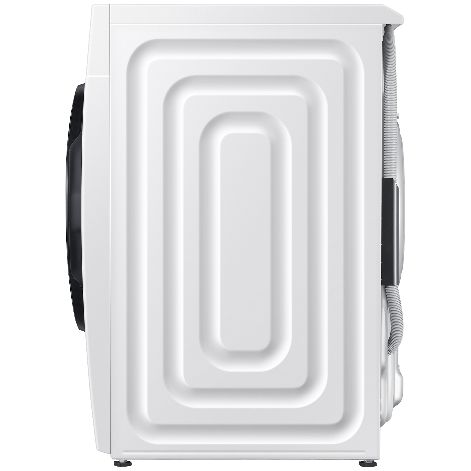 Witte wasmachine van de zijkant, met deur en achterste slangen.
