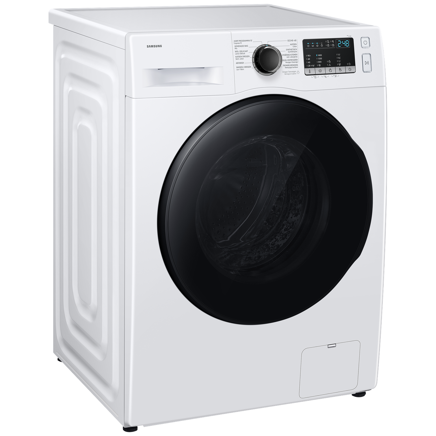 Witte Samsung wasmachine met zwart deur en bedieningspaneel.