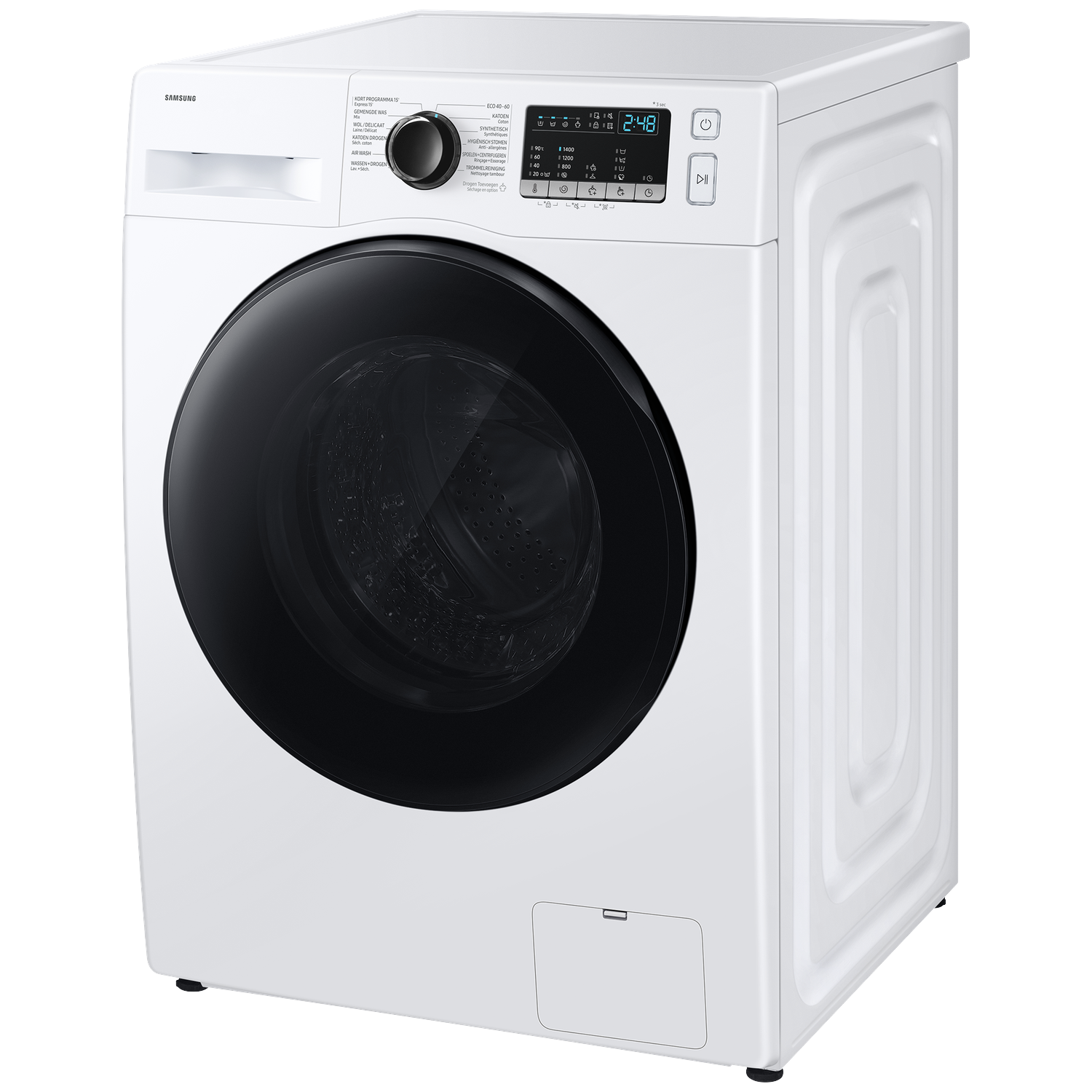 Witte Samsung wasmachine met zwarte deur en bedieningspaneel met display.