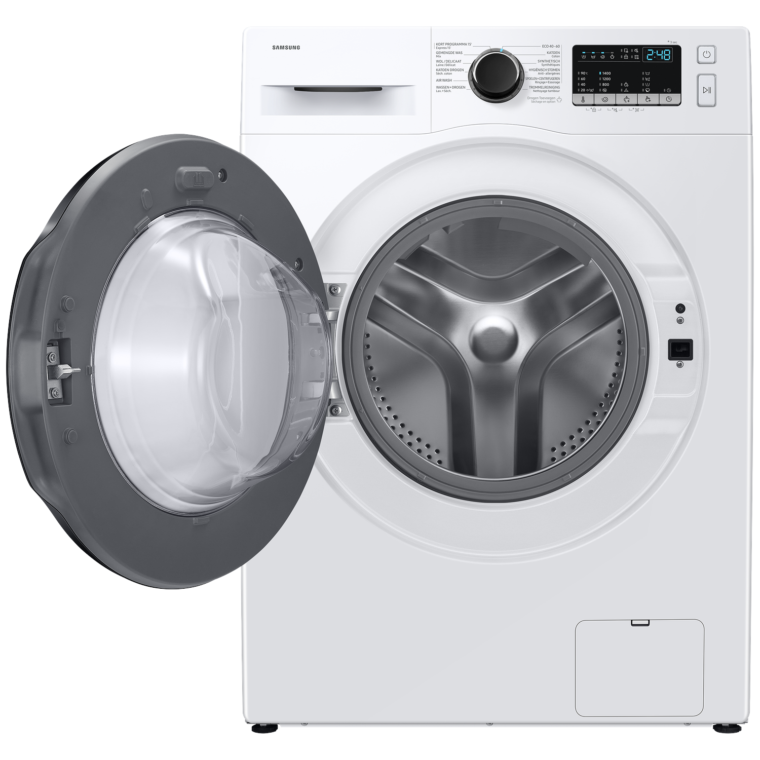 Een witte Samsung wasmachine met open deur en bedieningspaneel.