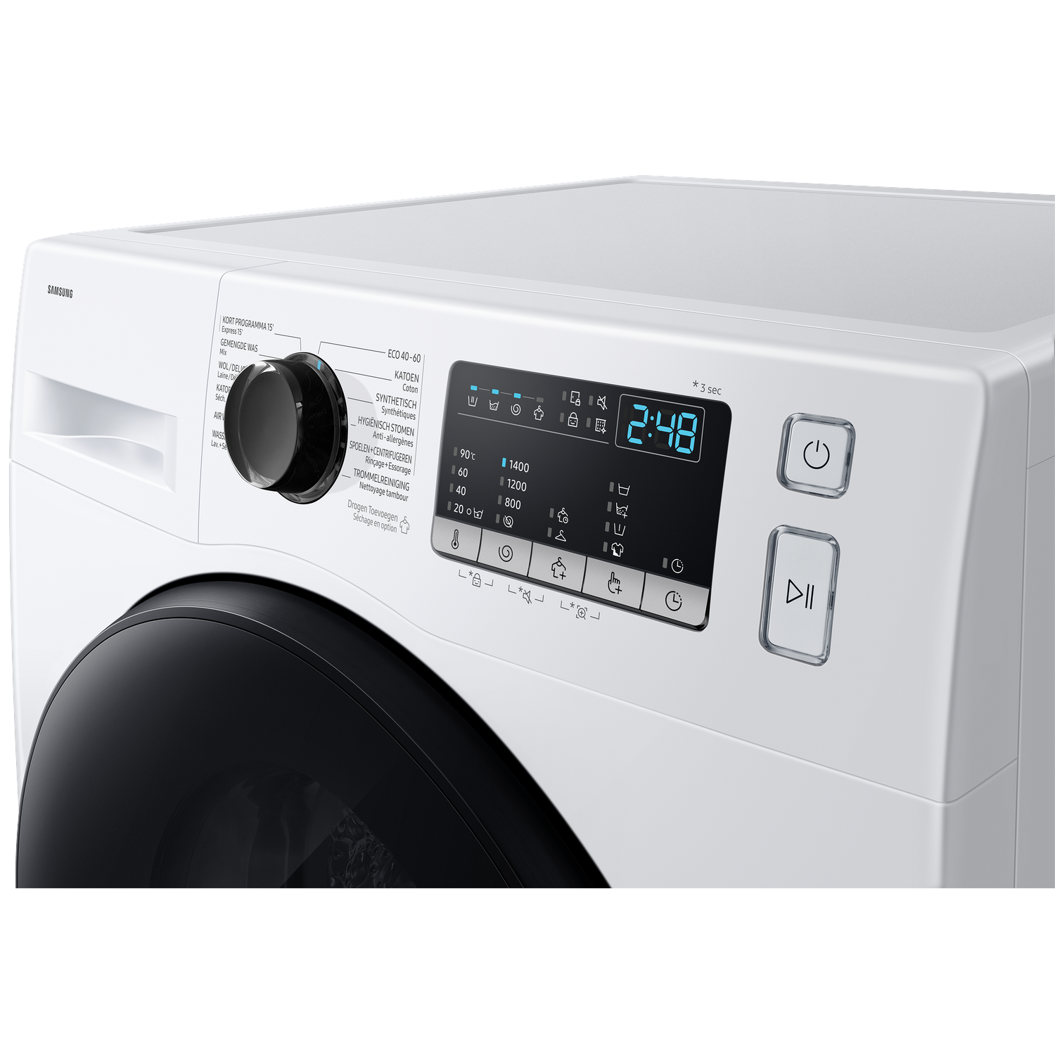 Een witte Samsung wasmachine met digitaal display dat 2:48 weergeeft.