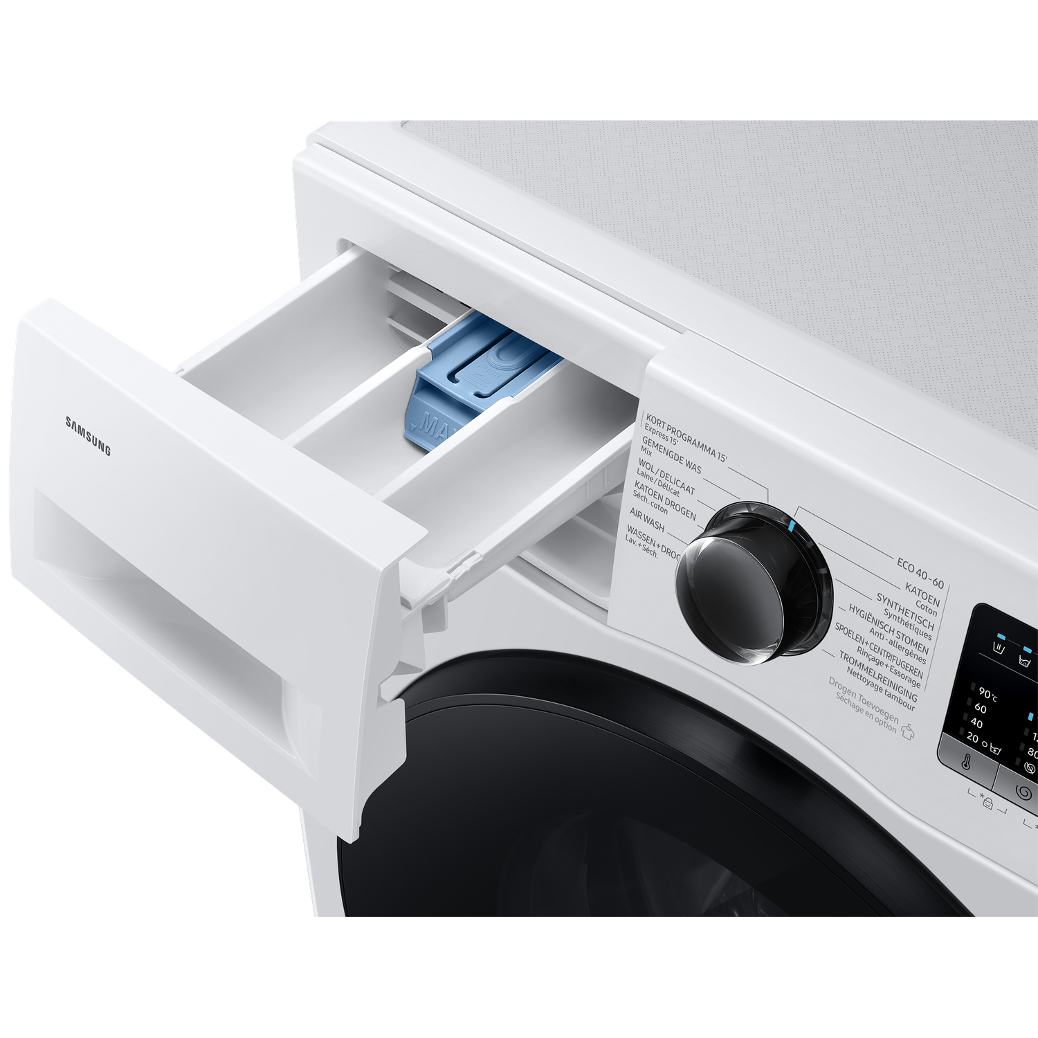 Een witte Samsung wasmachine met uitgetrokken wasmiddellade.