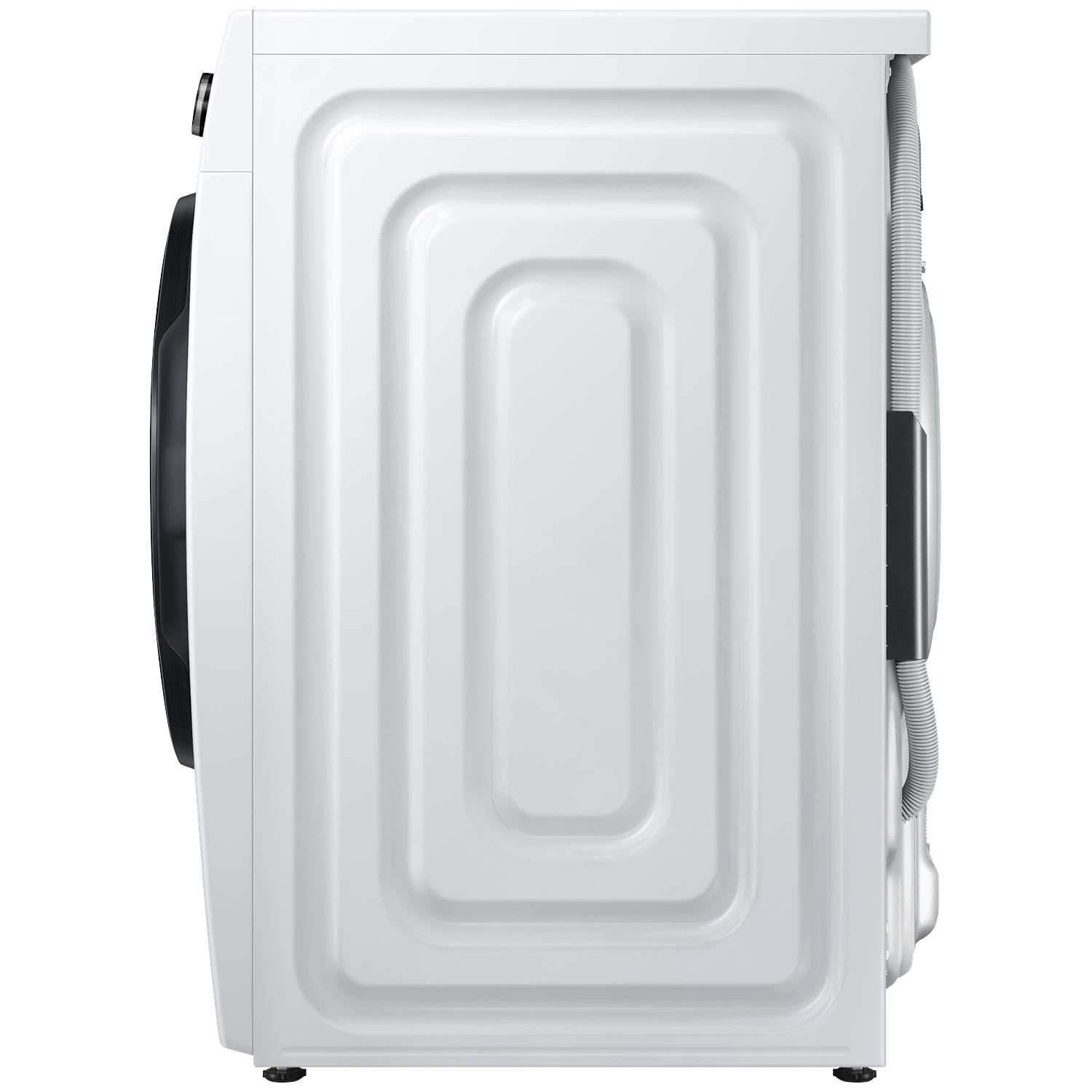 Witte wasmachine, zijaanzicht met geribbelde slang en bedieningselementen.