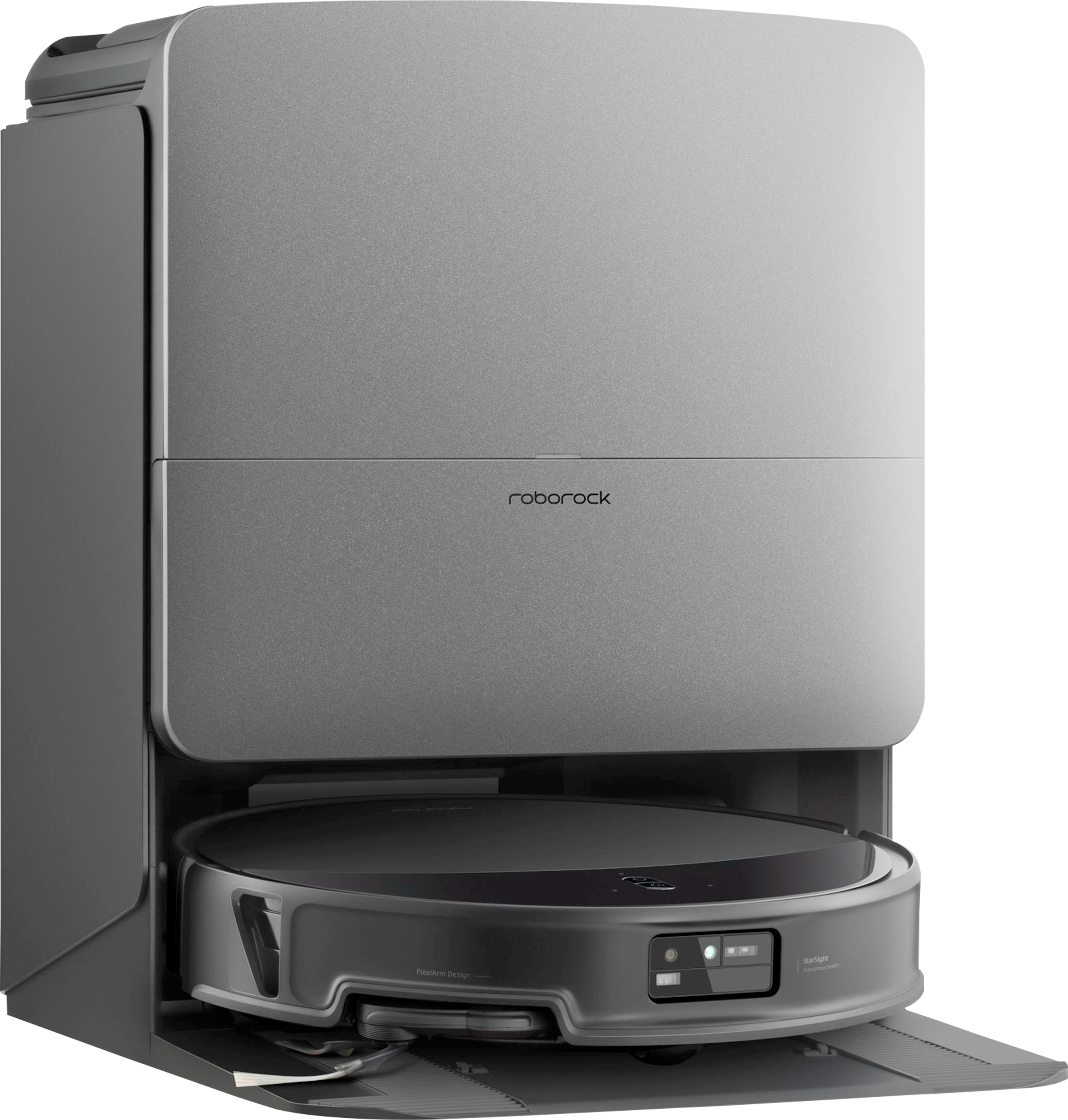 Ein grauer Roboterstaubsauger mit Dockingstation und Roborock-Logo.