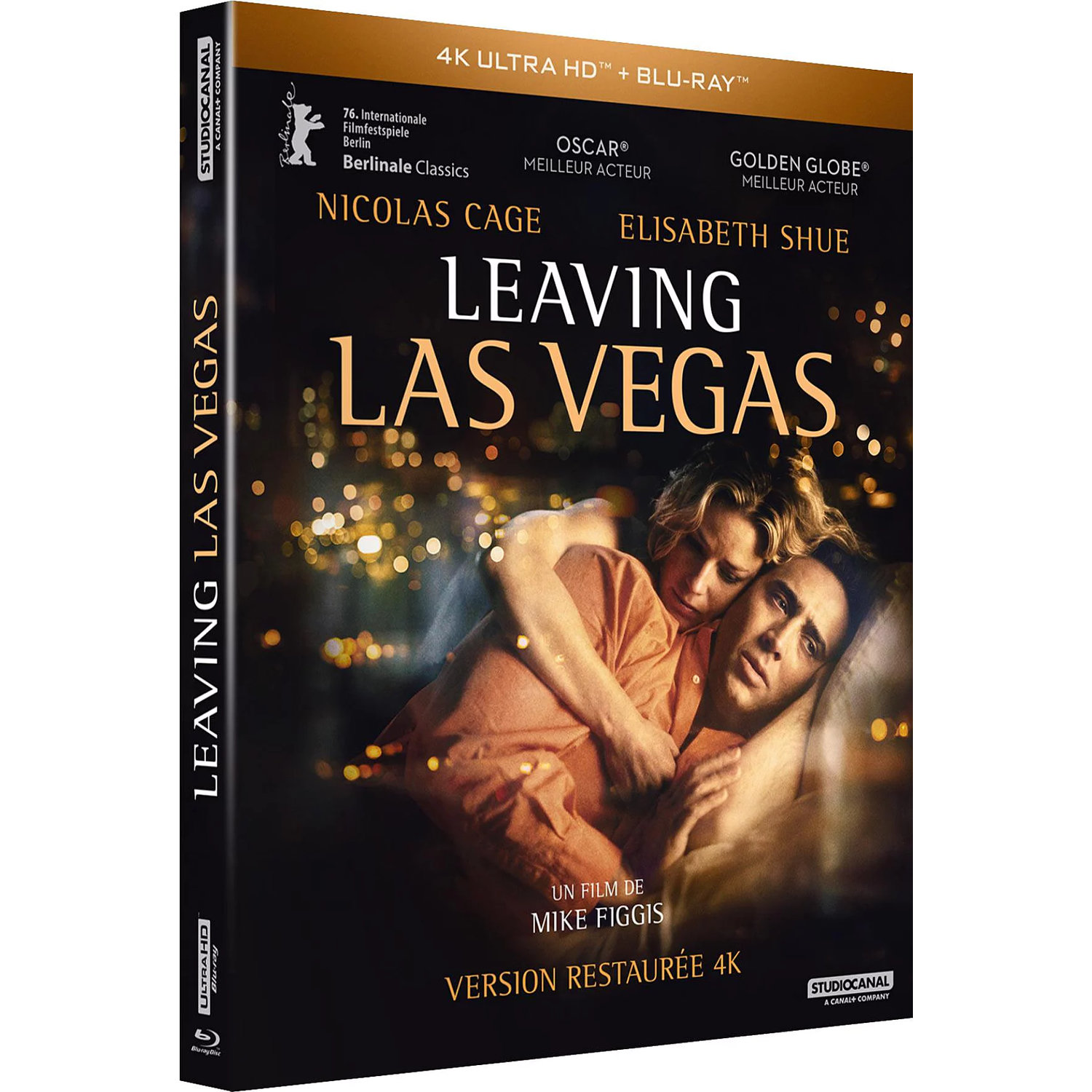 De "Leaving Las Vegas" 4K Blu-ray cover toont Nicolas Cage en Elisabeth Shue. Achtergrond: lichtjes.