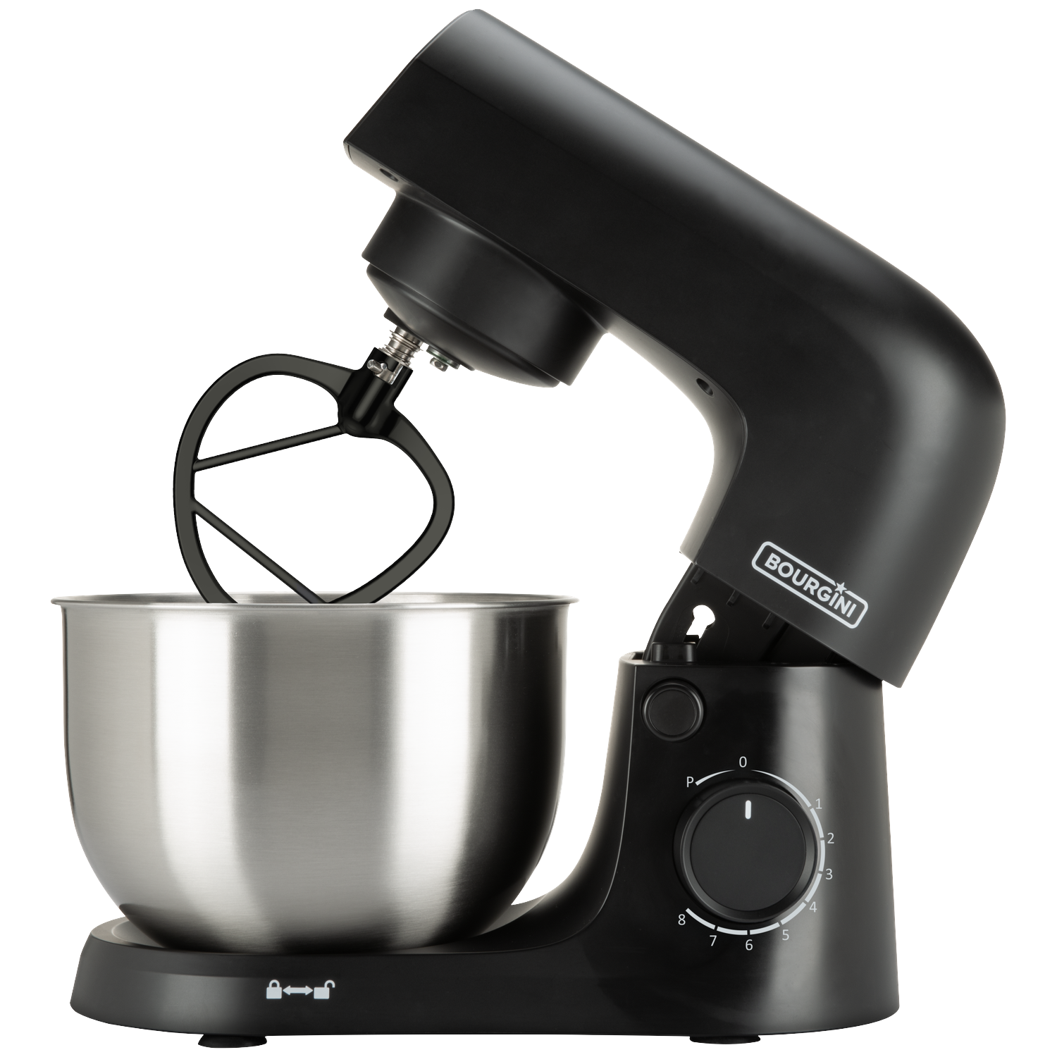Black stand mixer with stainless steel bowl and beater attachment on a black background.