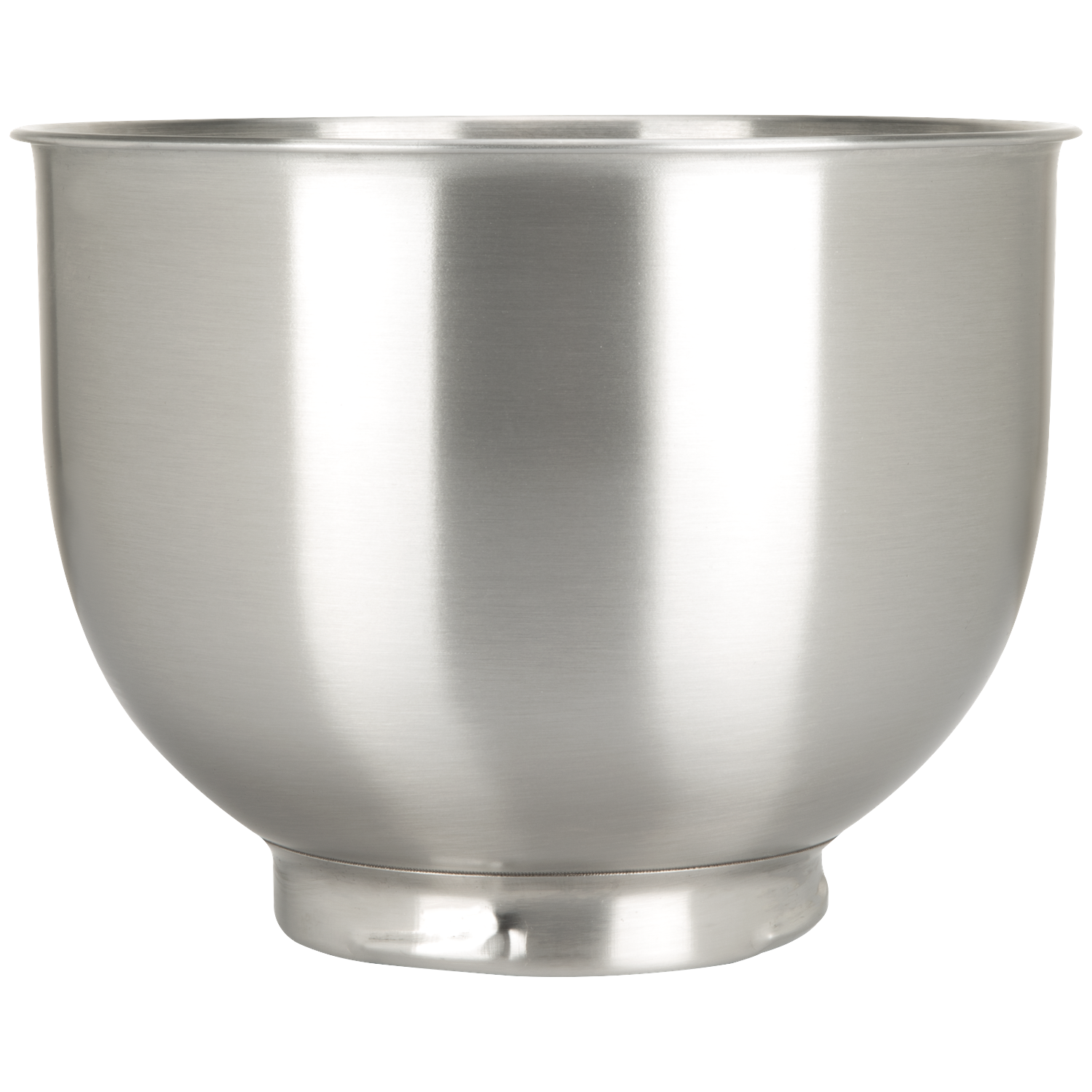A shiny, silver metal mixing bowl, set against a black background.