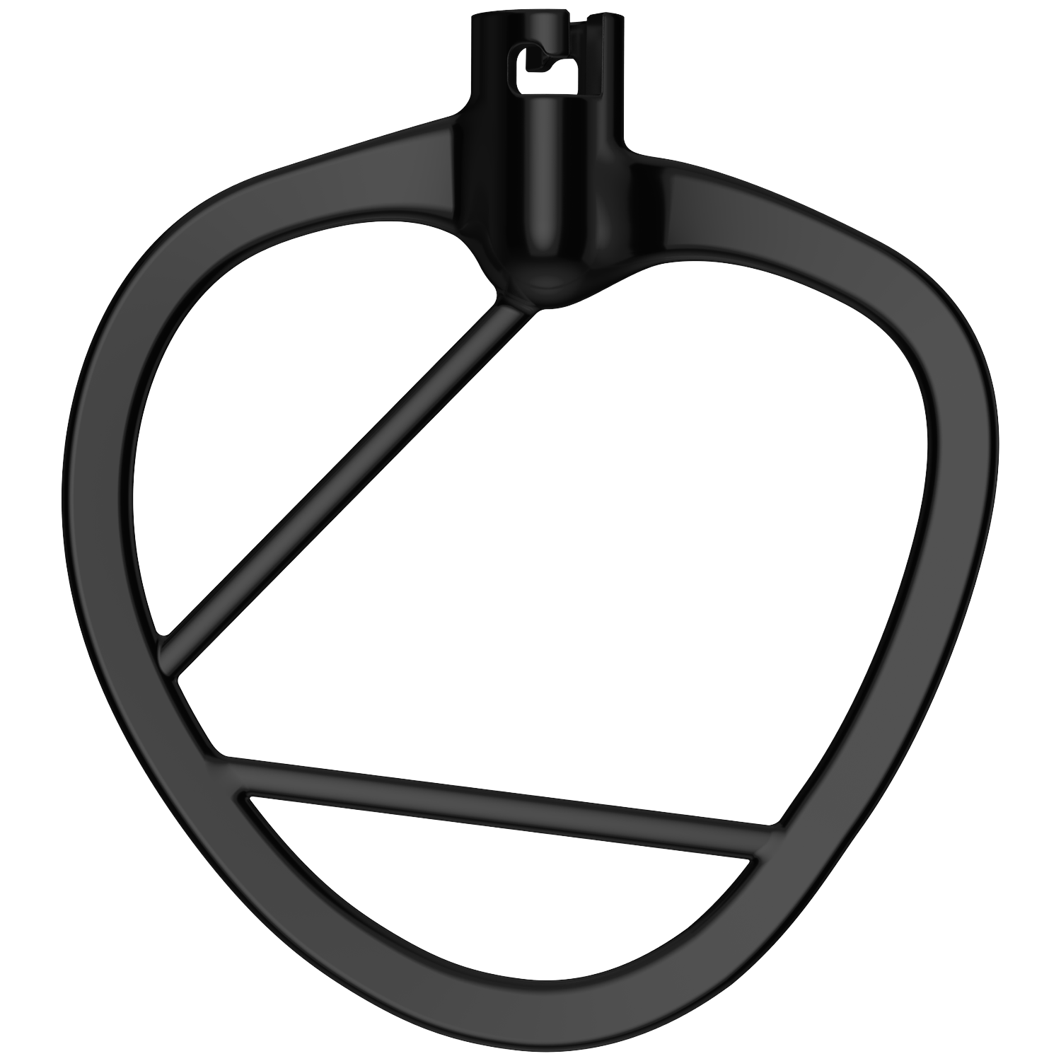 A black, heart-shaped whisk attachment for a stand mixer.