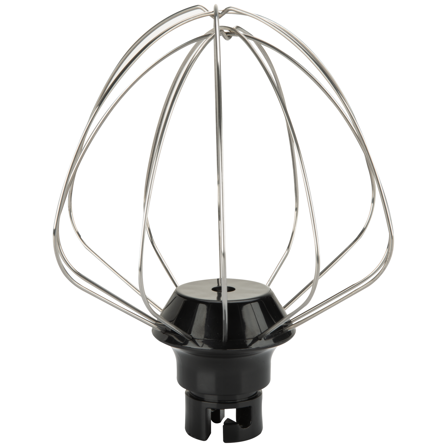 A silver whisk with a black base on a white background.