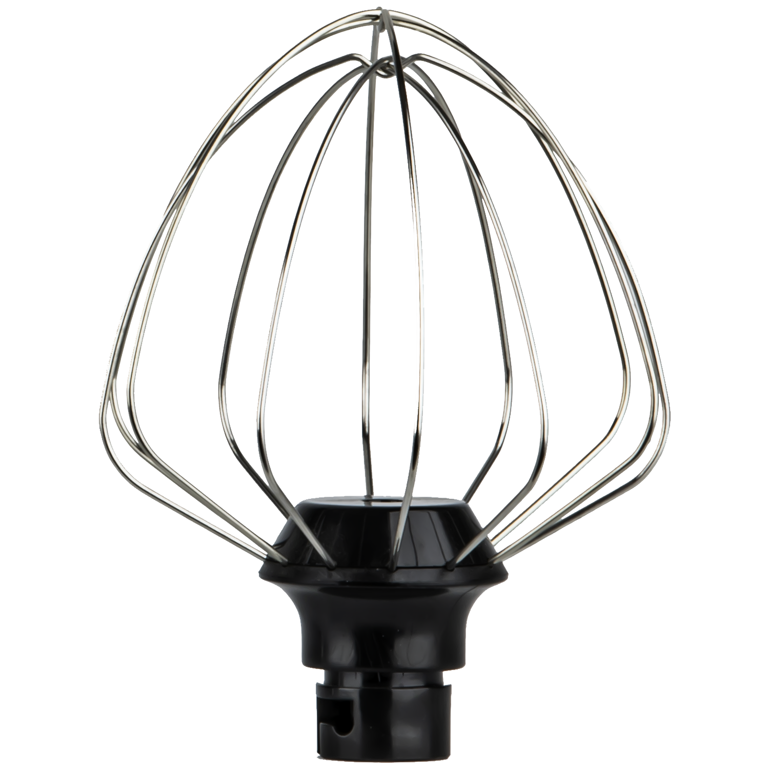 A silver whisk with a black base on a white background.