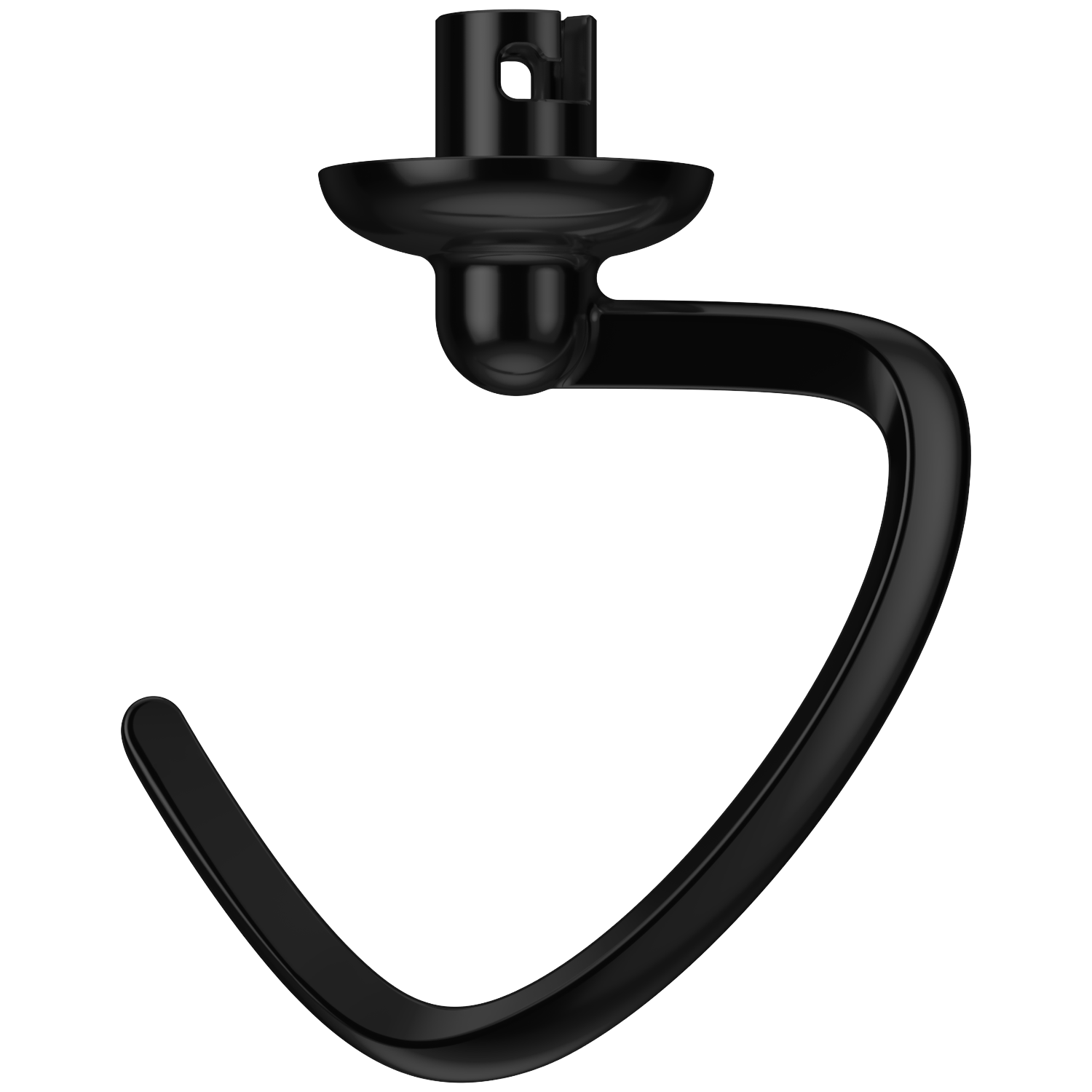 Black kitchen mixer dough hook with a top attachment and a curved shape.