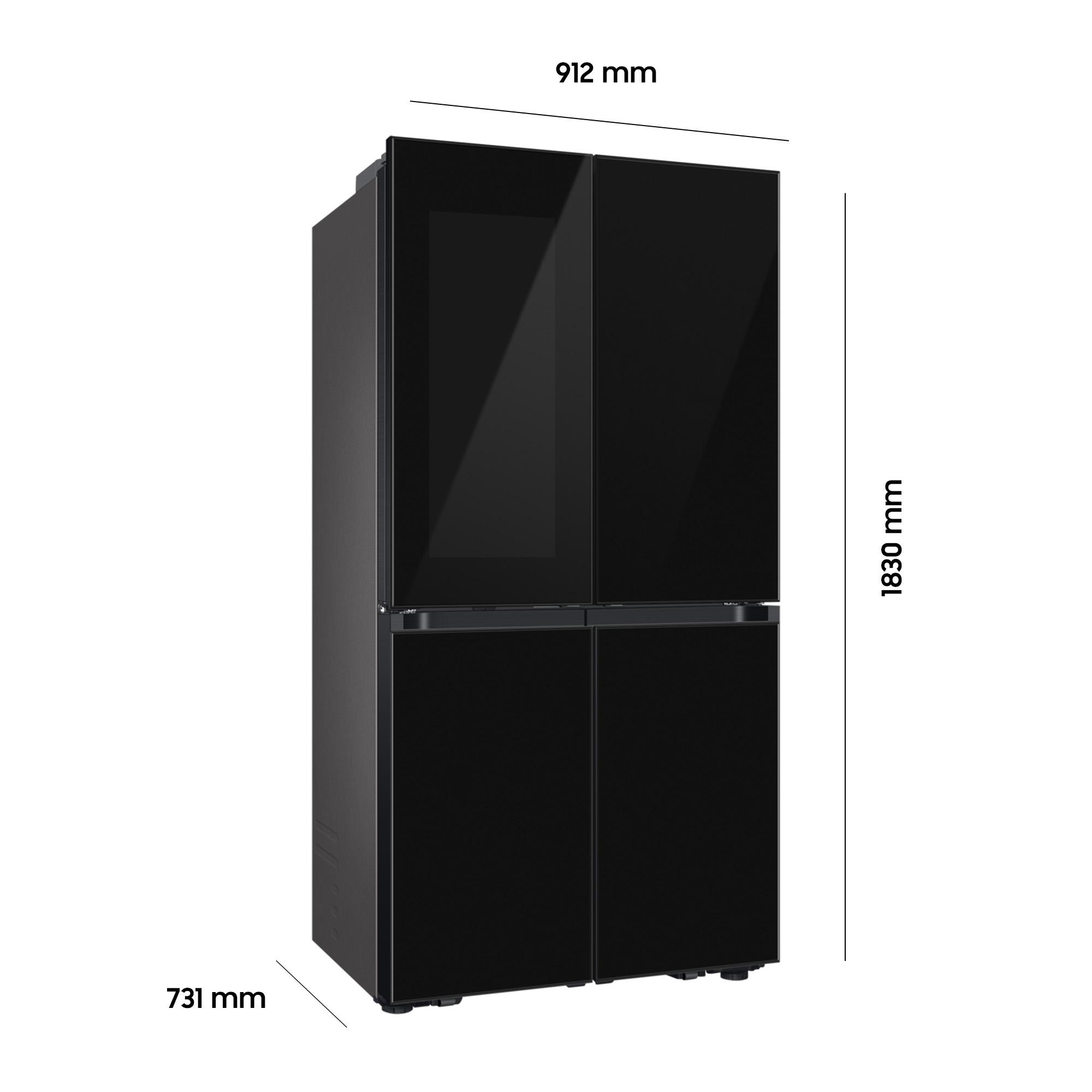 Schwarzer Kühlschrank mit vier Türen, Maße 912x1830x731 mm.