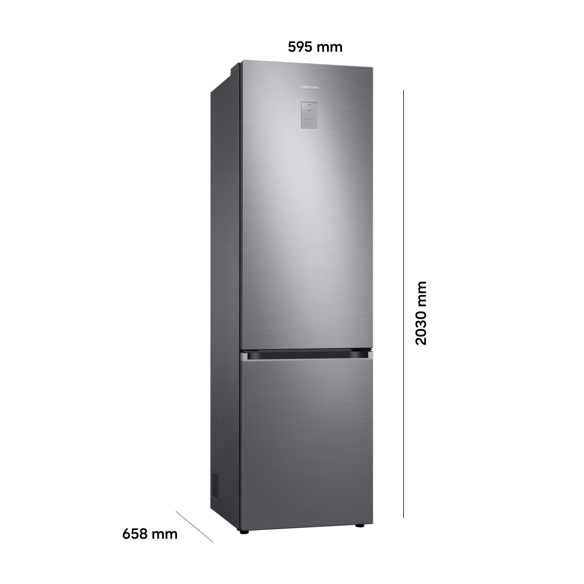 Ein silberner Samsung Kühlschrank mit Gefrierfach. Maße: 595mm Breite, 2030mm Höhe, 658mm Tiefe.