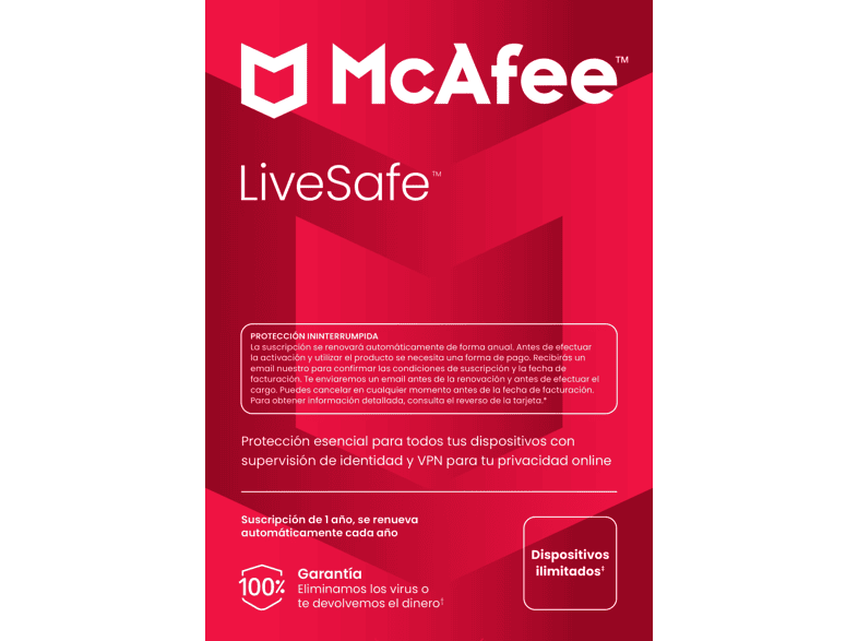 Antivirus - McAfee®+ LiveSafe, Seguridad en Internet para dispositivos ilimitados, Suscripción 1 año, Formato físico (Renovación automática)