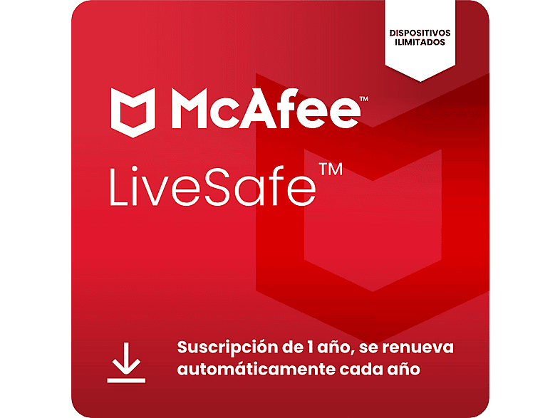 Antivirus - McAfee®+ LiveSafe, Seguridad en Internet para dispositivos ilimitados, Suscripción 1 año, Código de descarga (Renovación automática)
