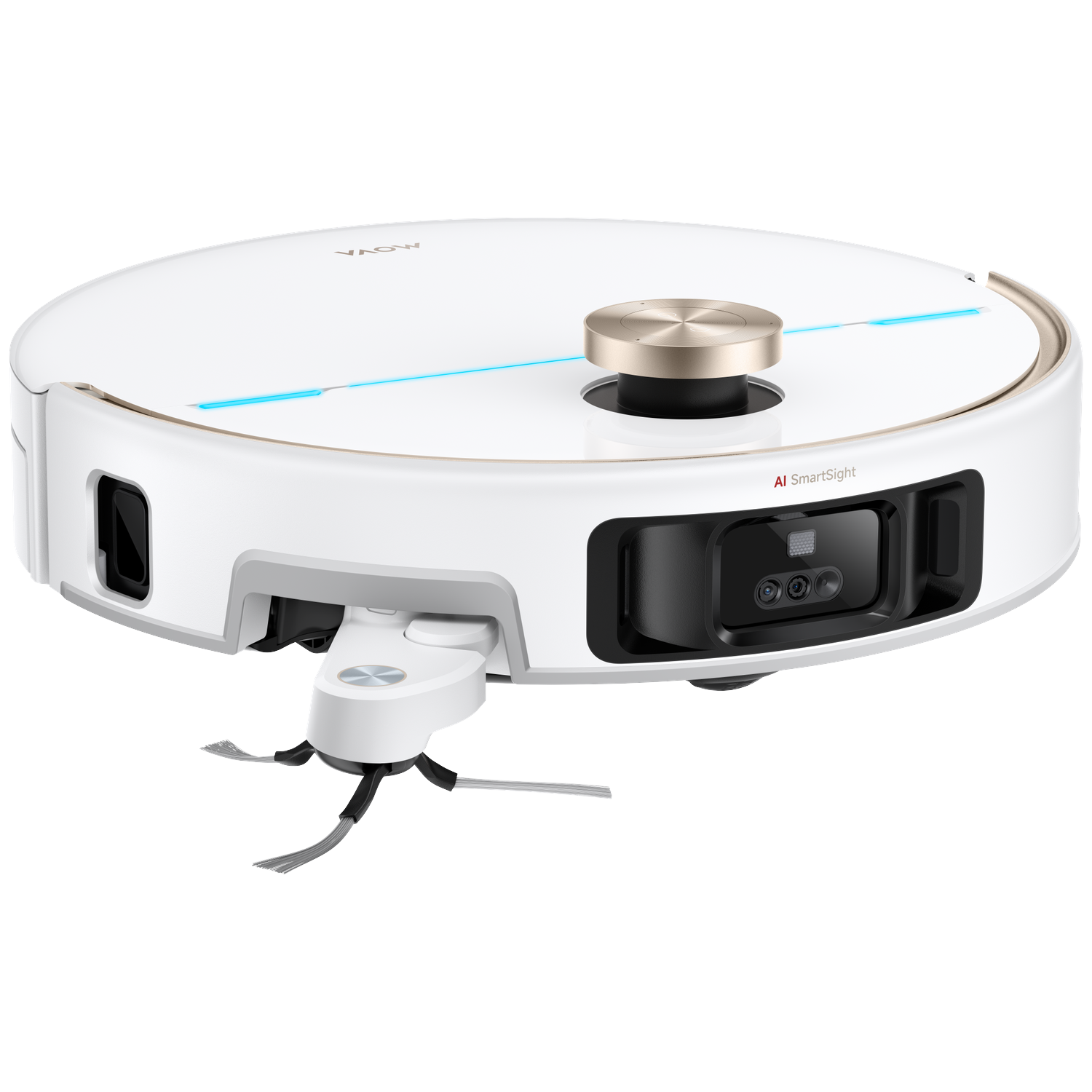 Un aspirateur robot blanc avec un dessus doré et des accents bleus.
