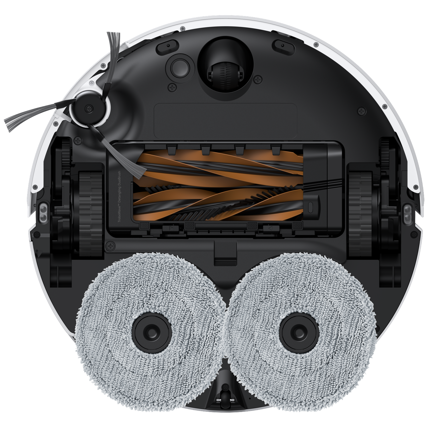 Dessous d'un aspirateur robot avec brosses rotatives et tampons de nettoyage.