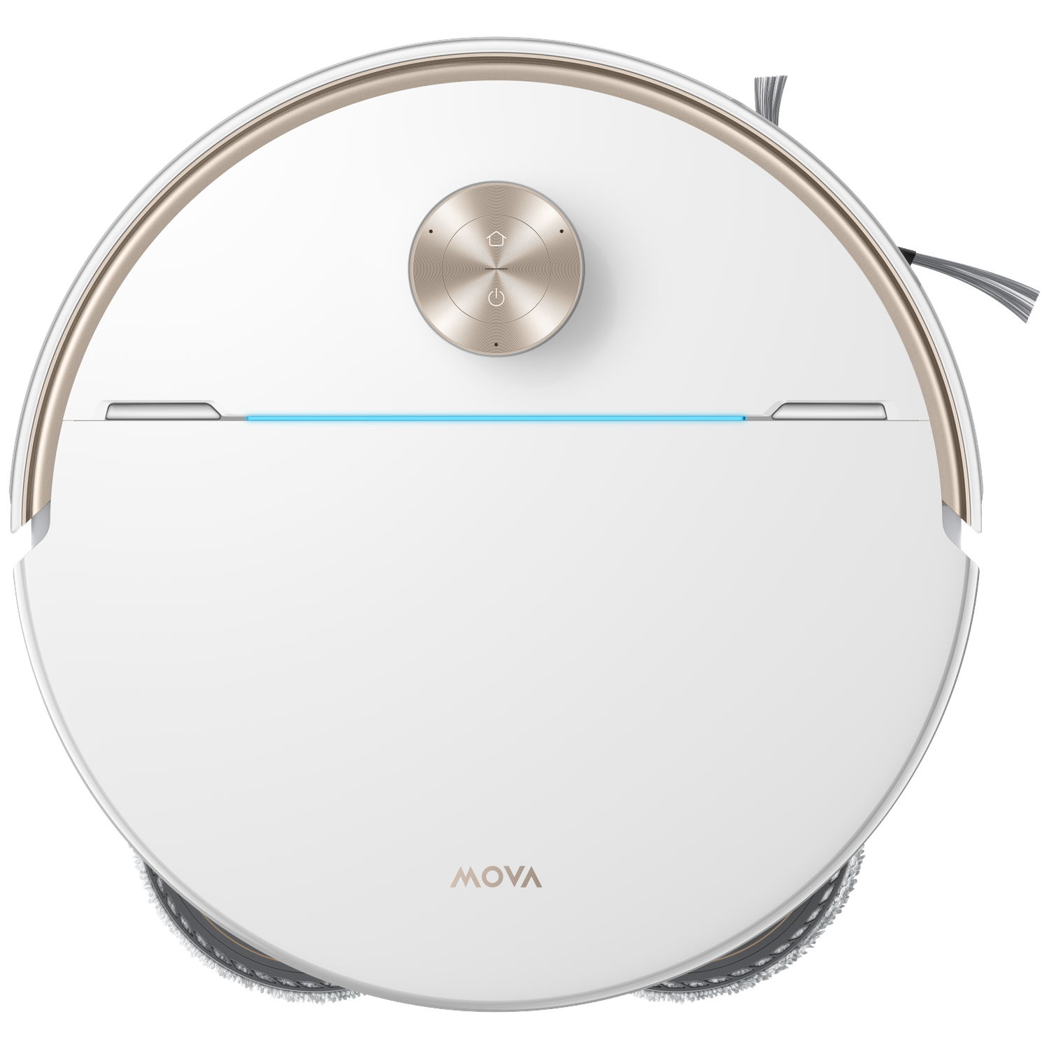 Un aspirateur robot blanc avec bordure dorée et boutons de commande.