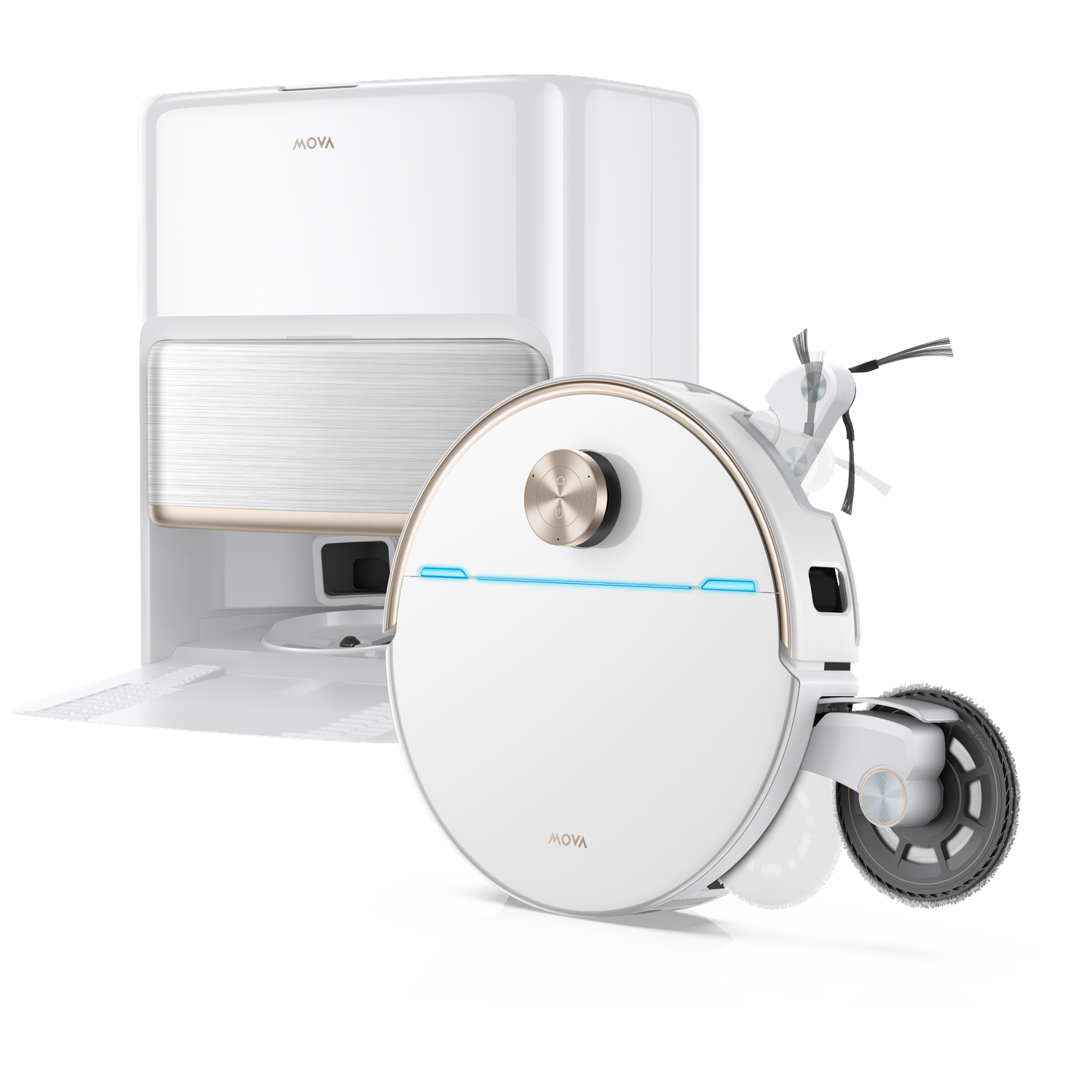 Un robot aspirateur blanc et sa base de chargement. L'aspirateur a des lumières bleues et des touches dorées.