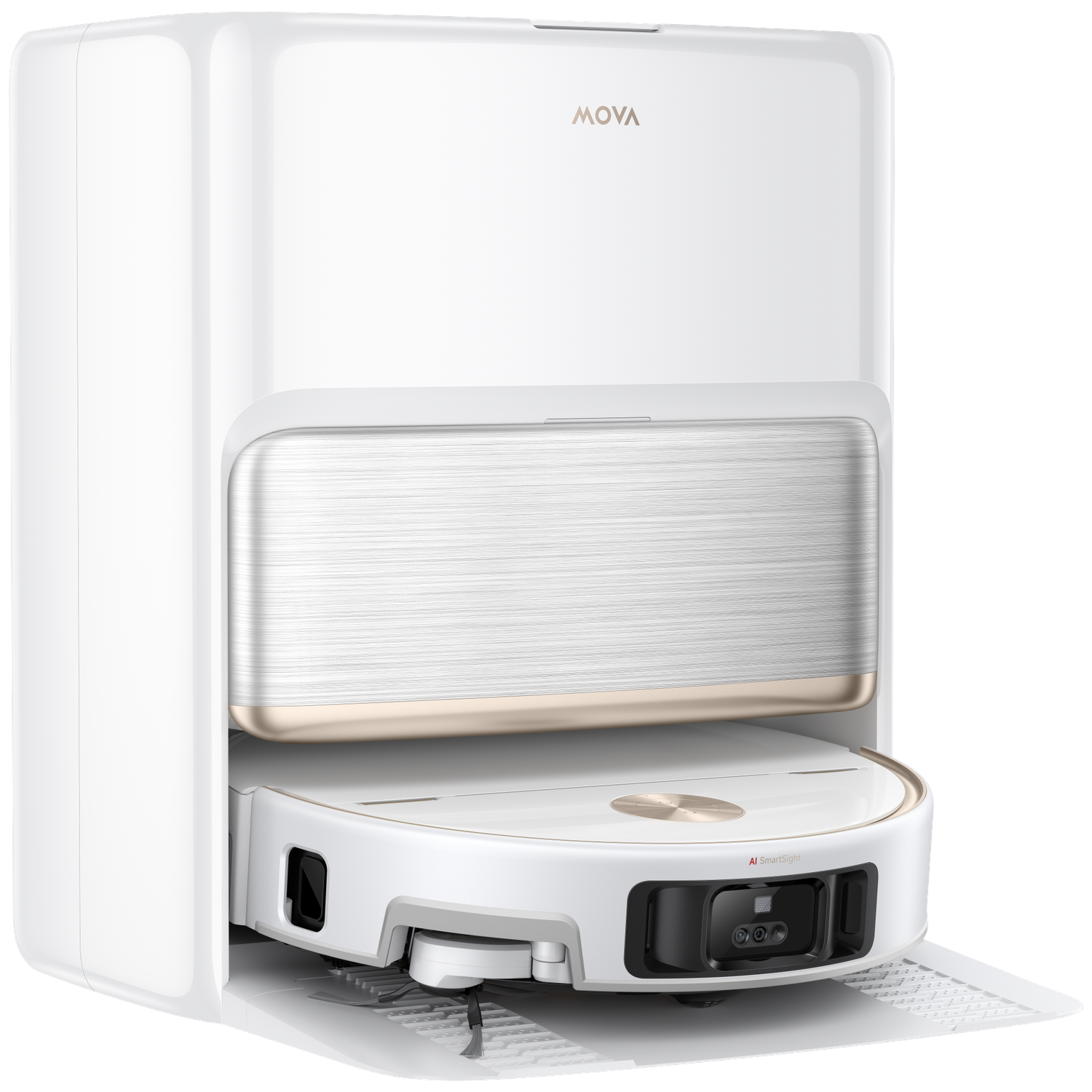 Aspirateur robot blanc avec station de charge et caméras avant.