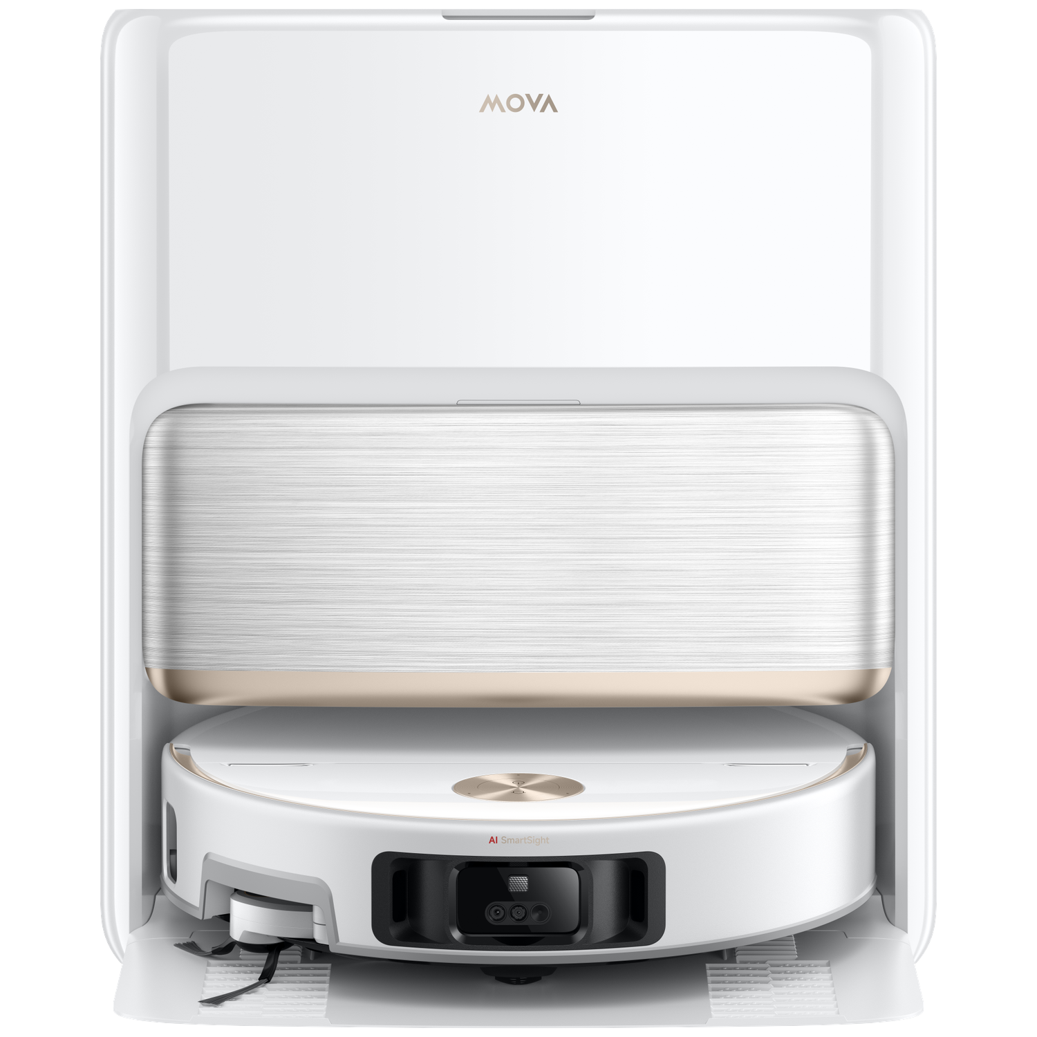 Un robot aspirateur blanc et sa station de charge/nettoyage. Logo MOVA en haut.