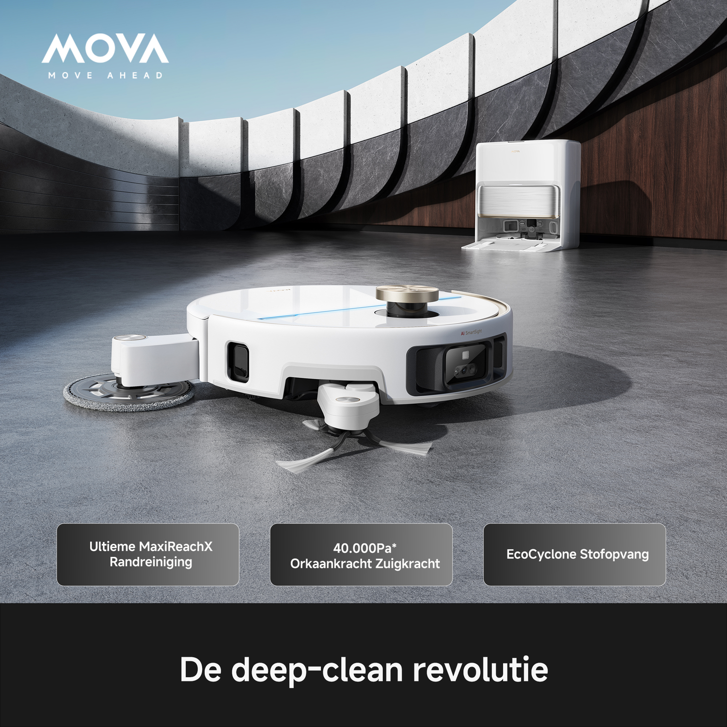 Een witte robotstofzuiger met laadstation op een grijze vloer voor een moderne muur.
