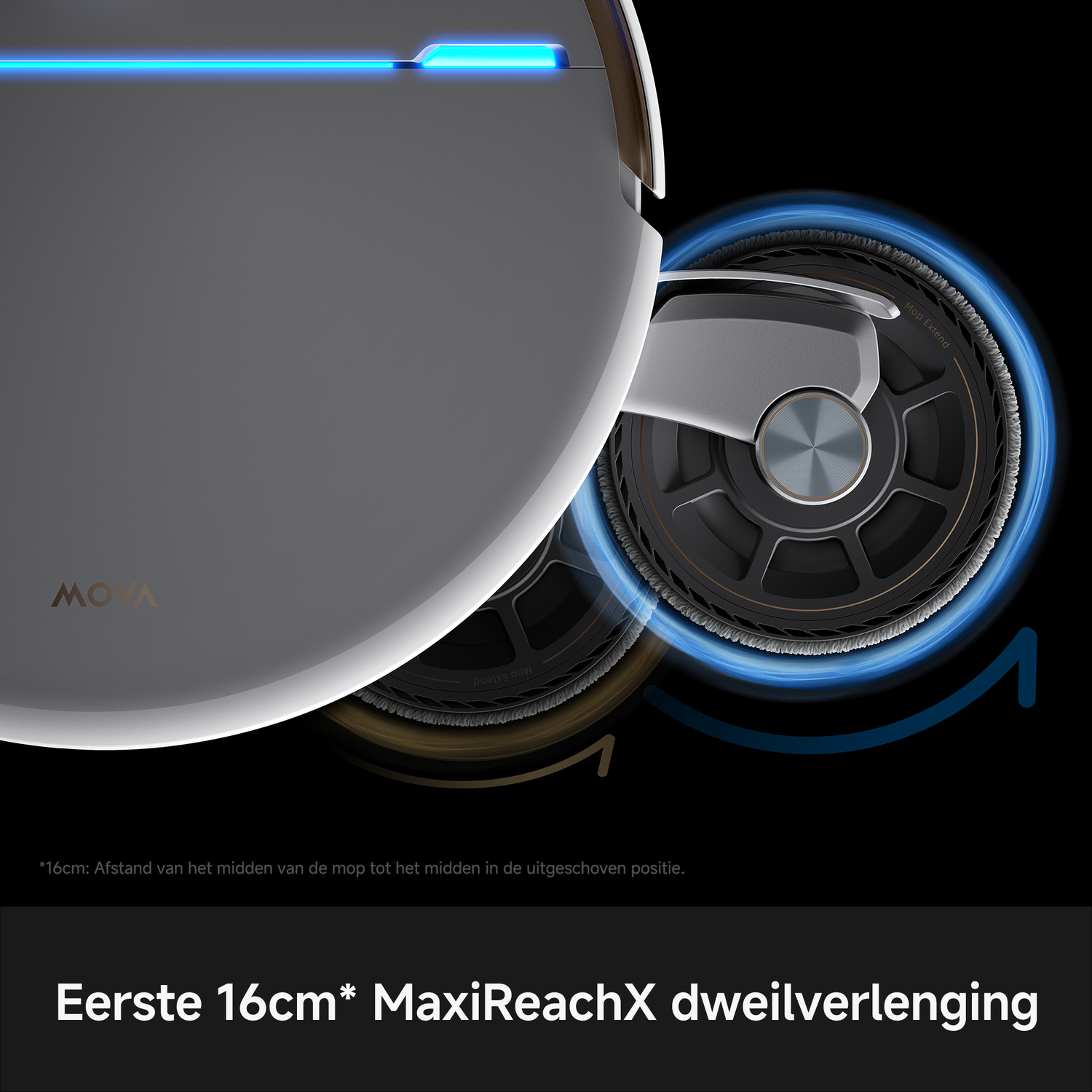Close-up van robotstofzuiger met uitgeschoven dweil en blauw licht, toont wieldetail.