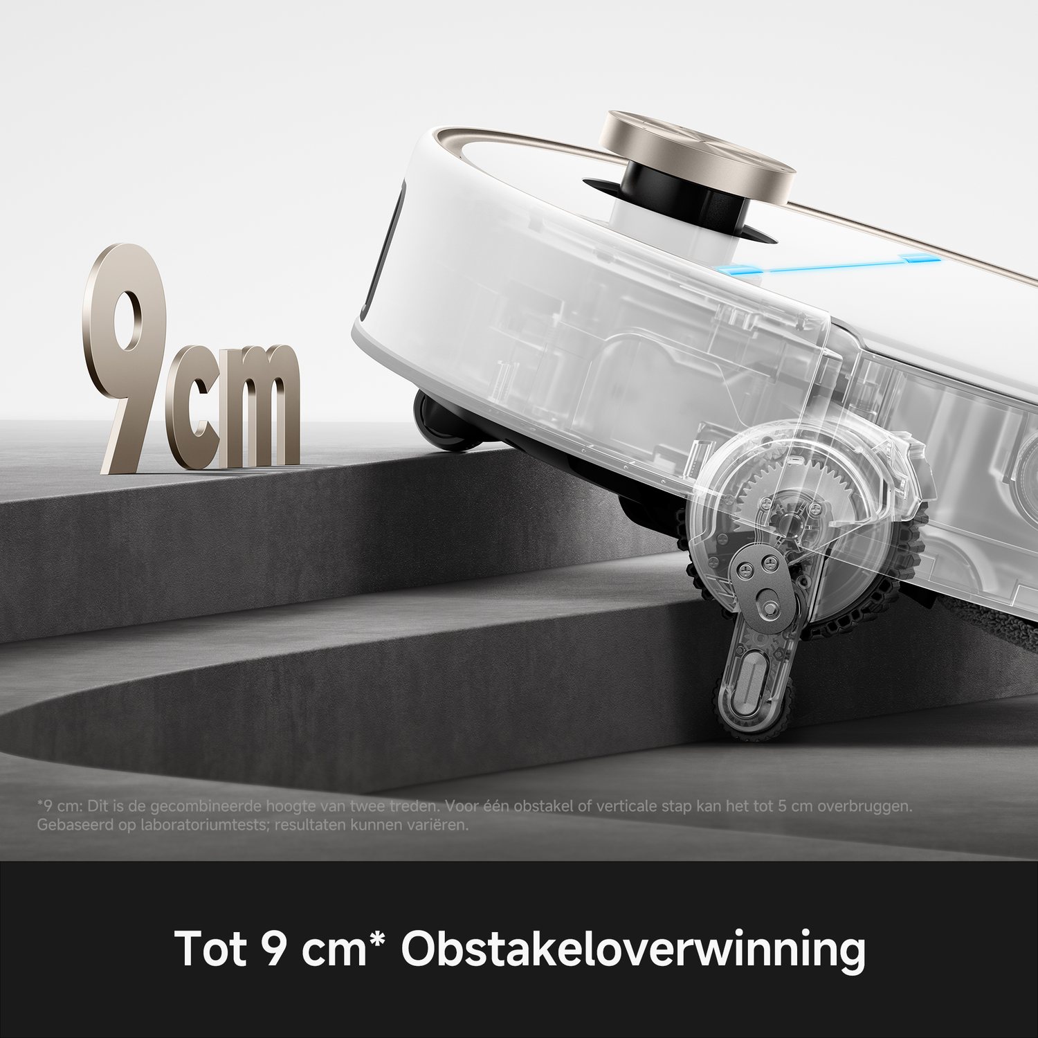 Een robotstofzuiger overwint 9cm obstakels, getoond met transparante behuizing.