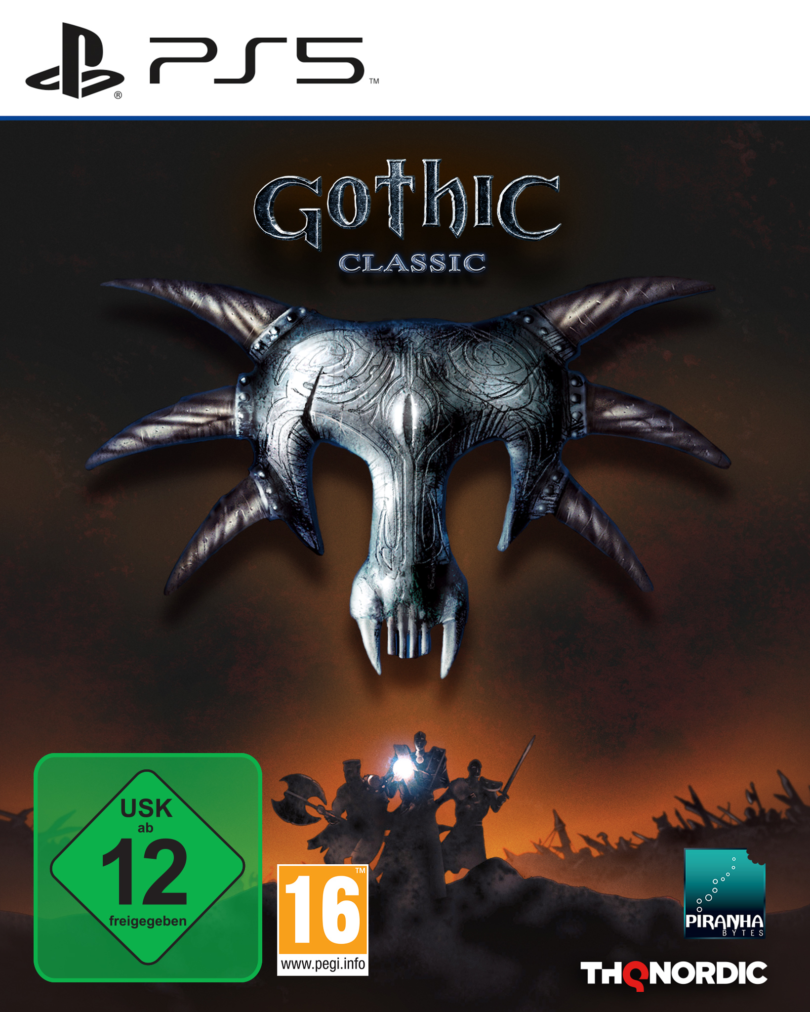 PS5-Spielcover: Gothic Classic mit Totenkopf-Symbol und Kriegern im Kampf.