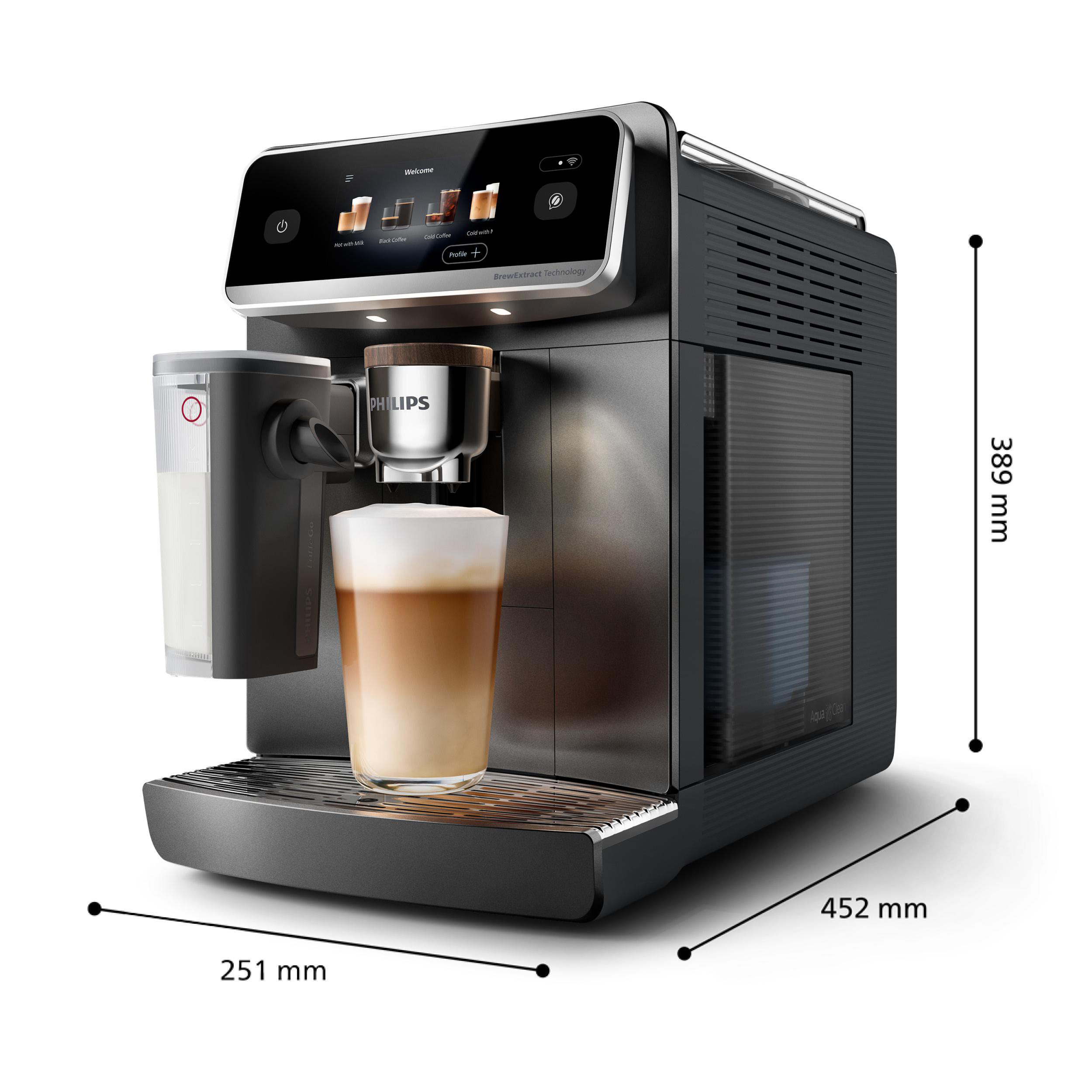 Eine Philips Kaffeemaschine mit Milchbehälter und Kaffee in einem Glas.