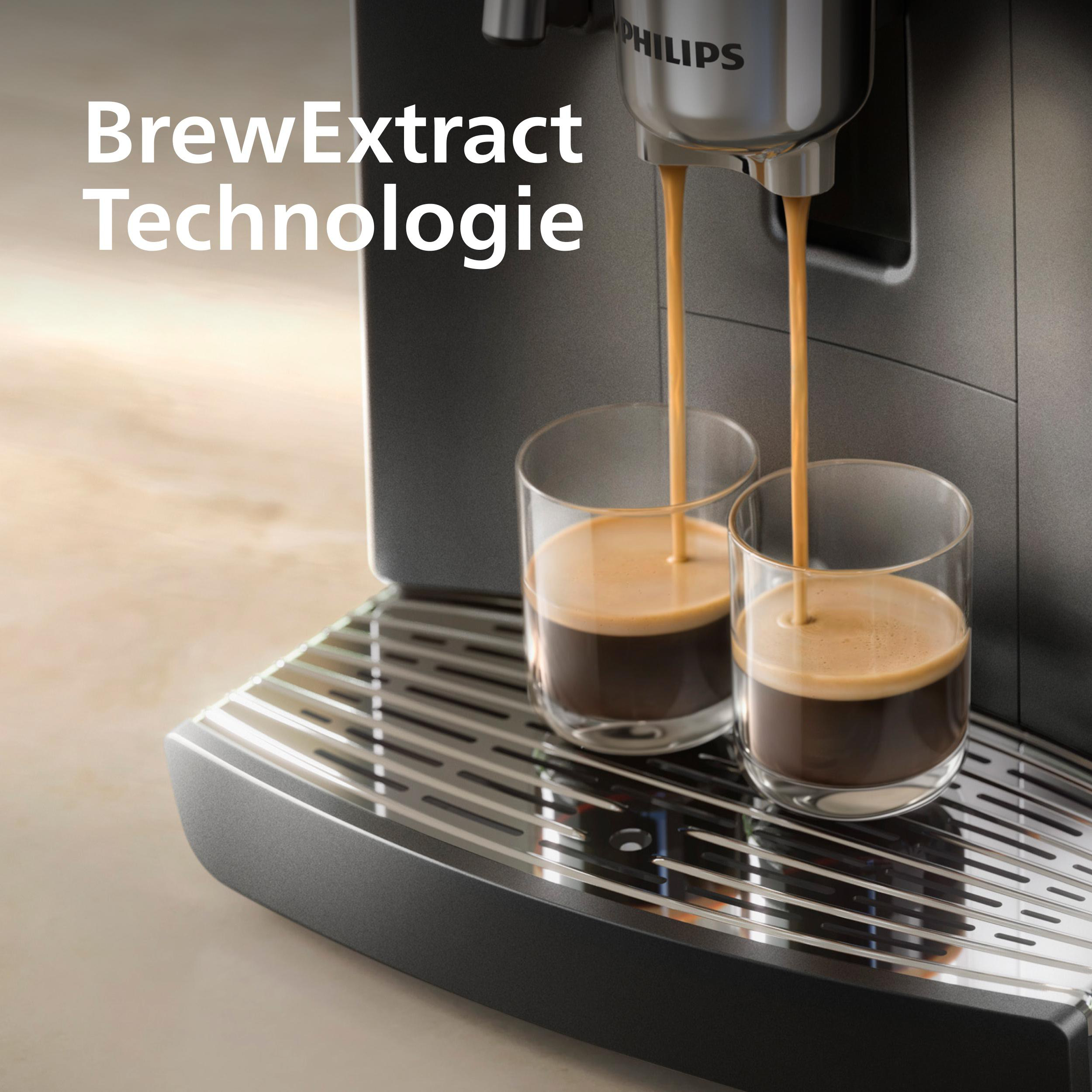 Kaffeemaschine brüht Espresso in zwei Gläser, Philips Logo sichtbar.