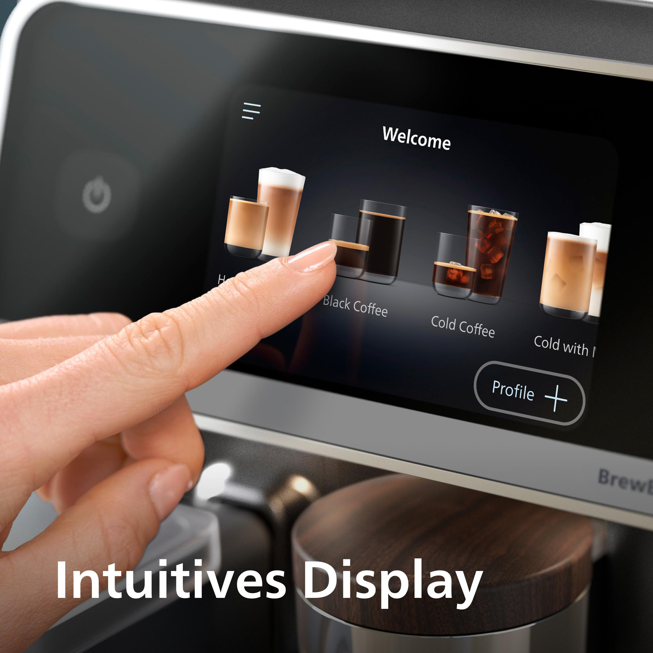 Eine Hand berührt den Touchscreen einer Kaffeemaschine mit verschiedenen Kaffeeoptionen.